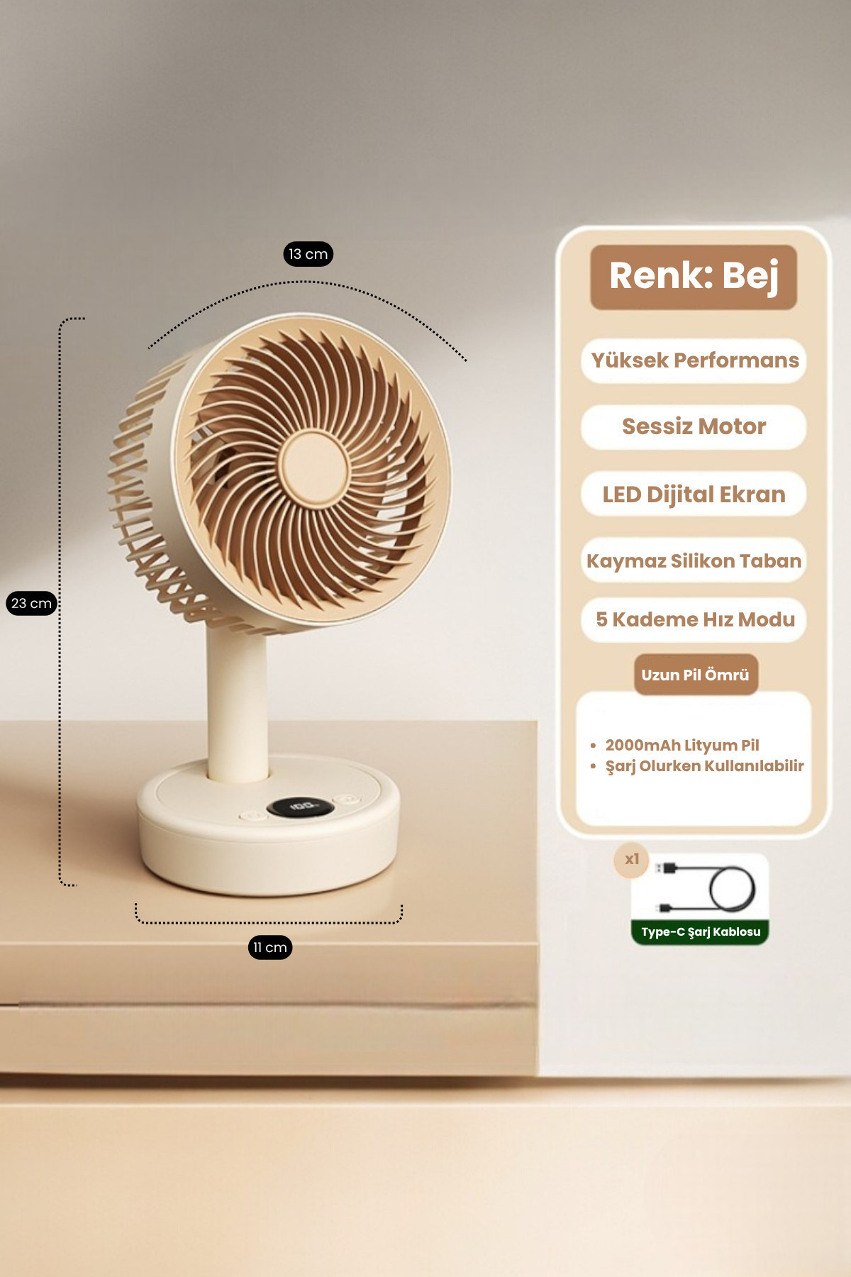 LED ekranlı ve Type-C kablolu bej renkli masaüstü vantilatör.