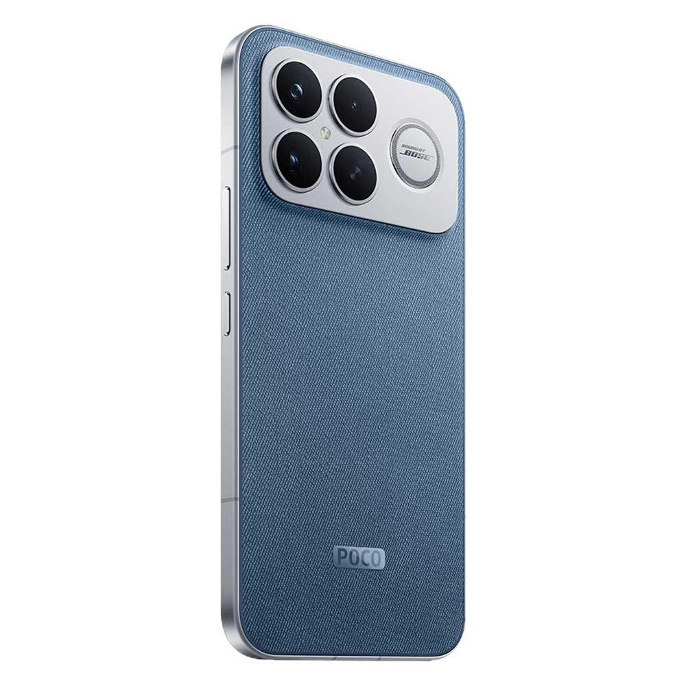 Uno smartphone blu con disposizione quadrata della fotocamera e logo POCO.