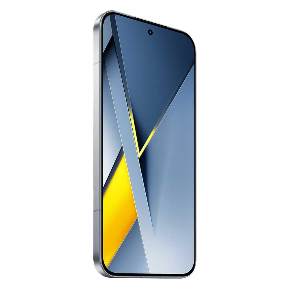 Uno smartphone argentato con uno sfondo astratto e geometrico blu e giallo.