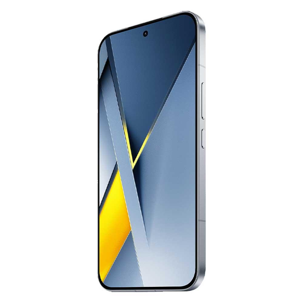 Uno smartphone argentato ed elegante che mostra uno sfondo astratto blu e giallo.