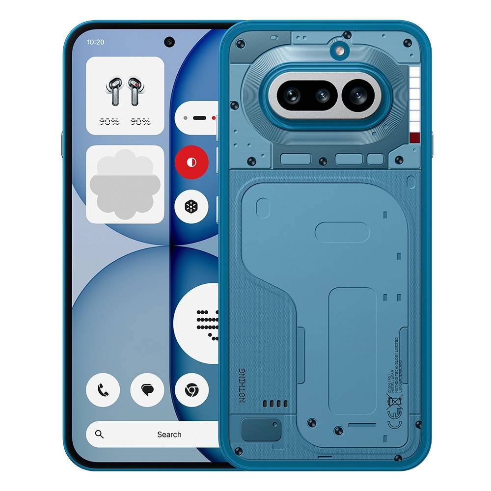 Şeffaf arka kapaklı mavi telefon kılıfı, dahili bileşenleri ortaya çıkarır. Telefon ekranında simgeler ve arama çubuğu görünür.