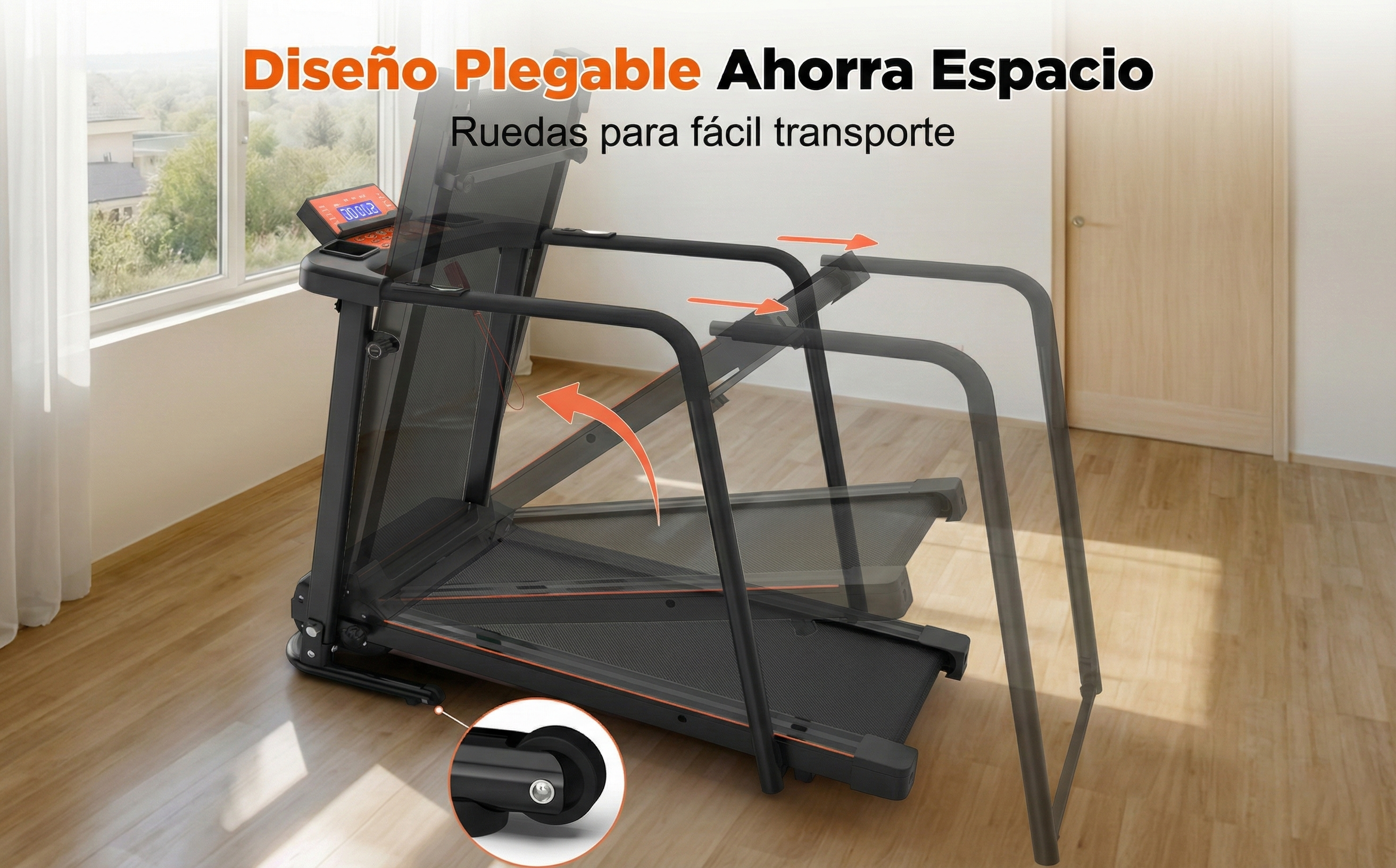 Cinta de correr negra plegándose, con flechas naranjas que muestran el movimiento.