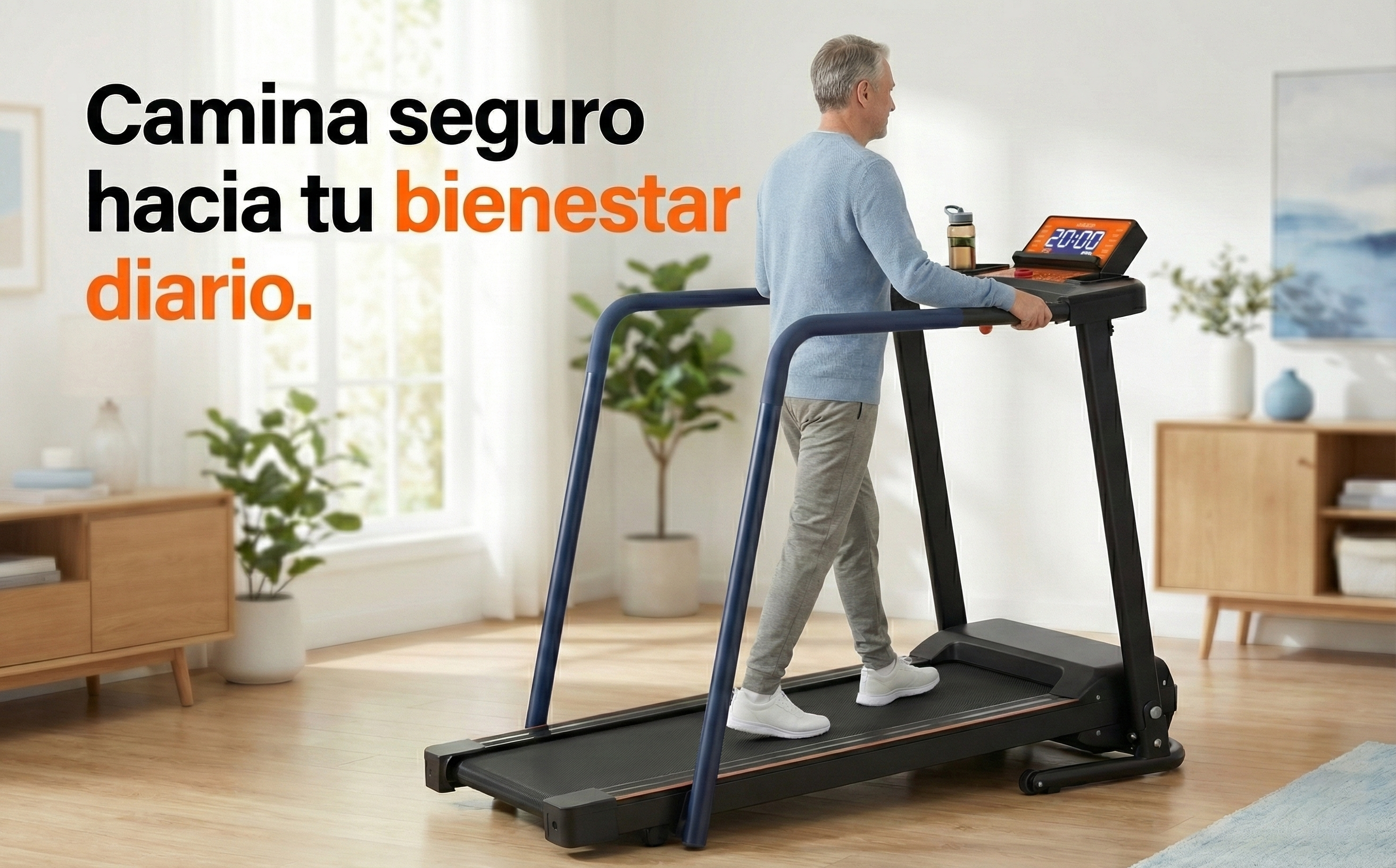 Un hombre mayor camina en una cinta de correr en una habitación luminosa con plantas.