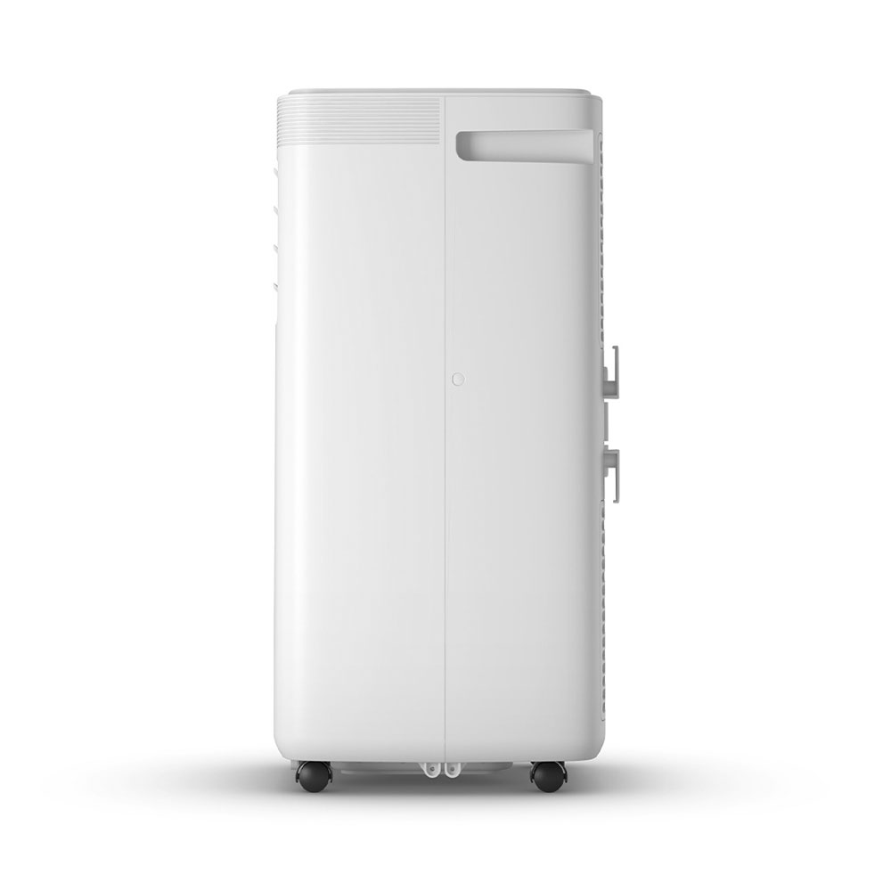 Een witte draagbare airconditioner toren met wielen en handvat.
