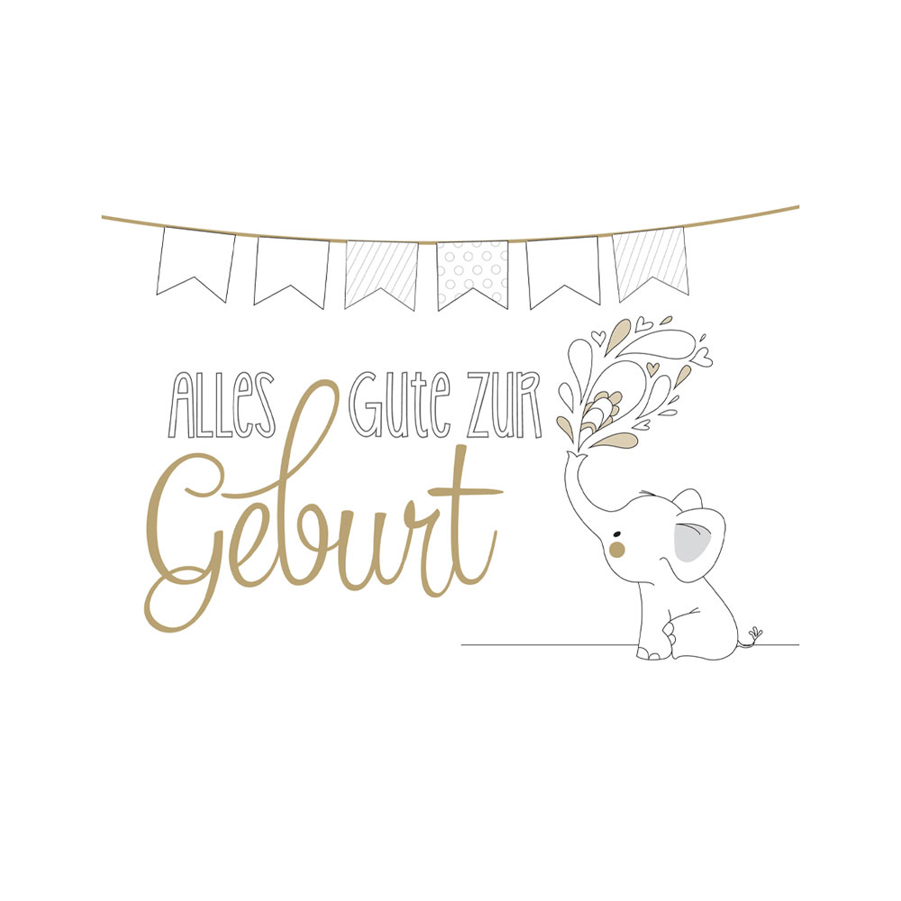 Ein Elefant spritzt Wasser und Herzen, "Alles Gute zur Geburt" steht geschrieben.