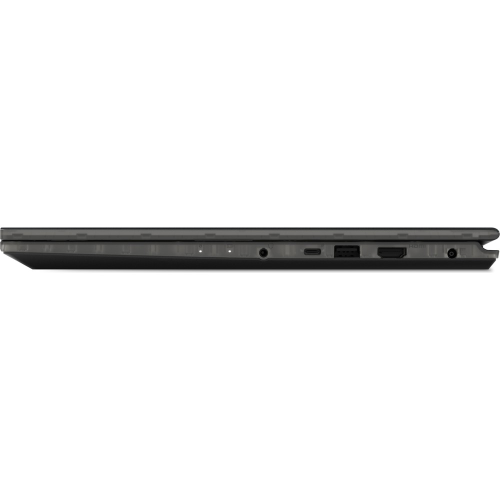 Gri dizüstü bilgisayar kenarı, bağlantı noktaları: USB-C, HDMI, kulaklık jakı.
