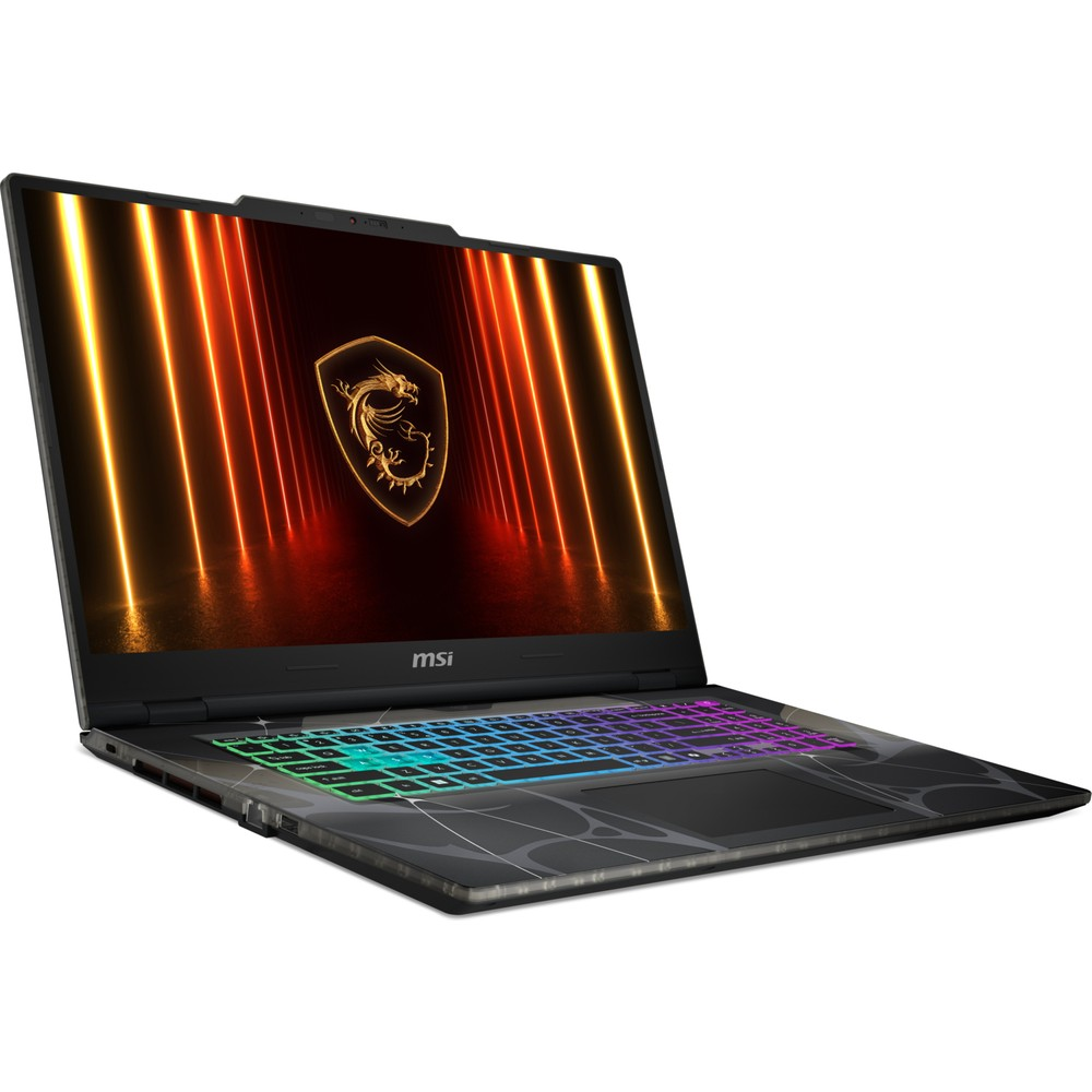 Açık bir MSI dizüstü bilgisayar, aydınlatmalı klavye ve ekranda ejderha logosu.