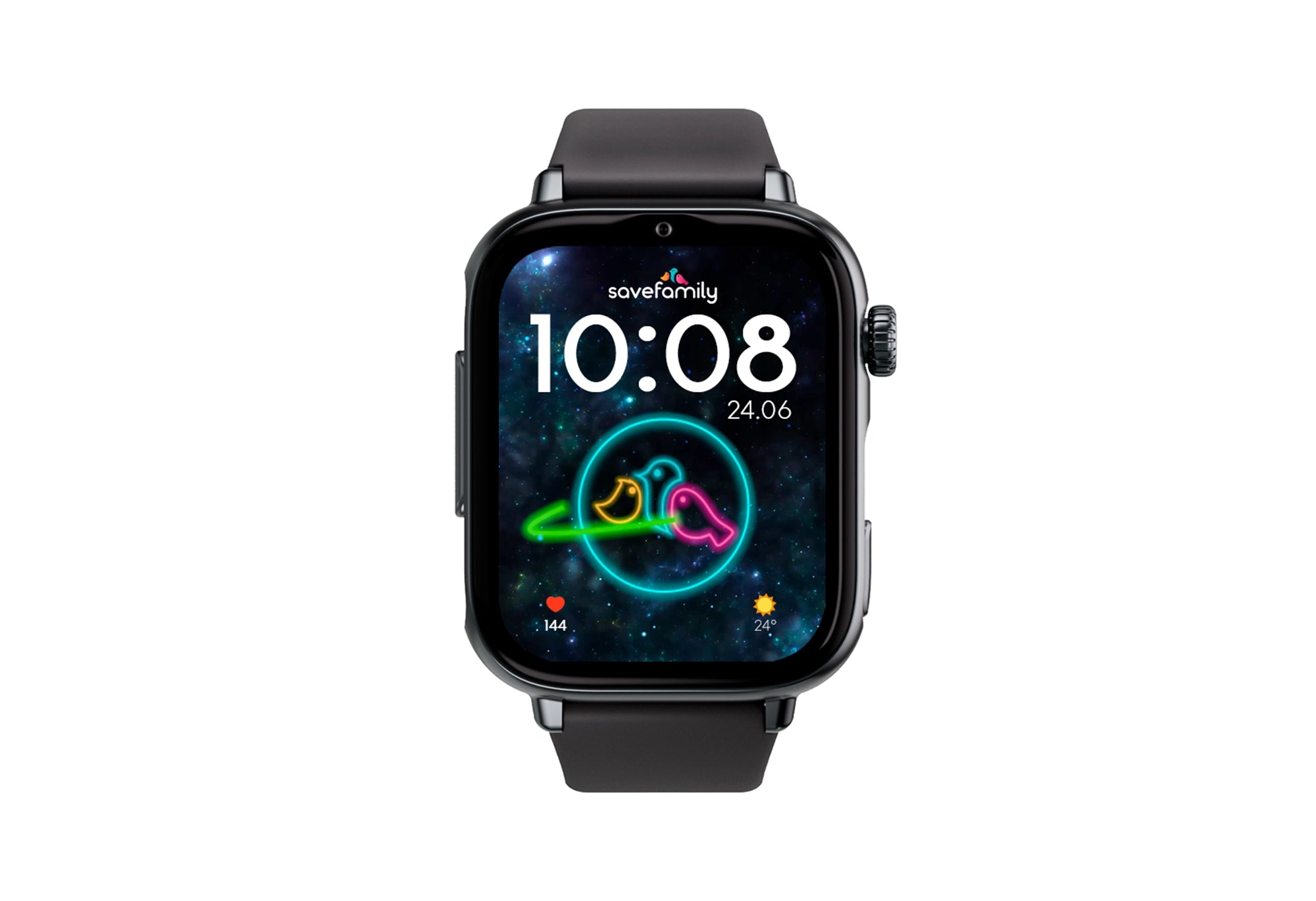 Smartwatch nero con quadrante spaziale che mostra 10:08 e meteo.