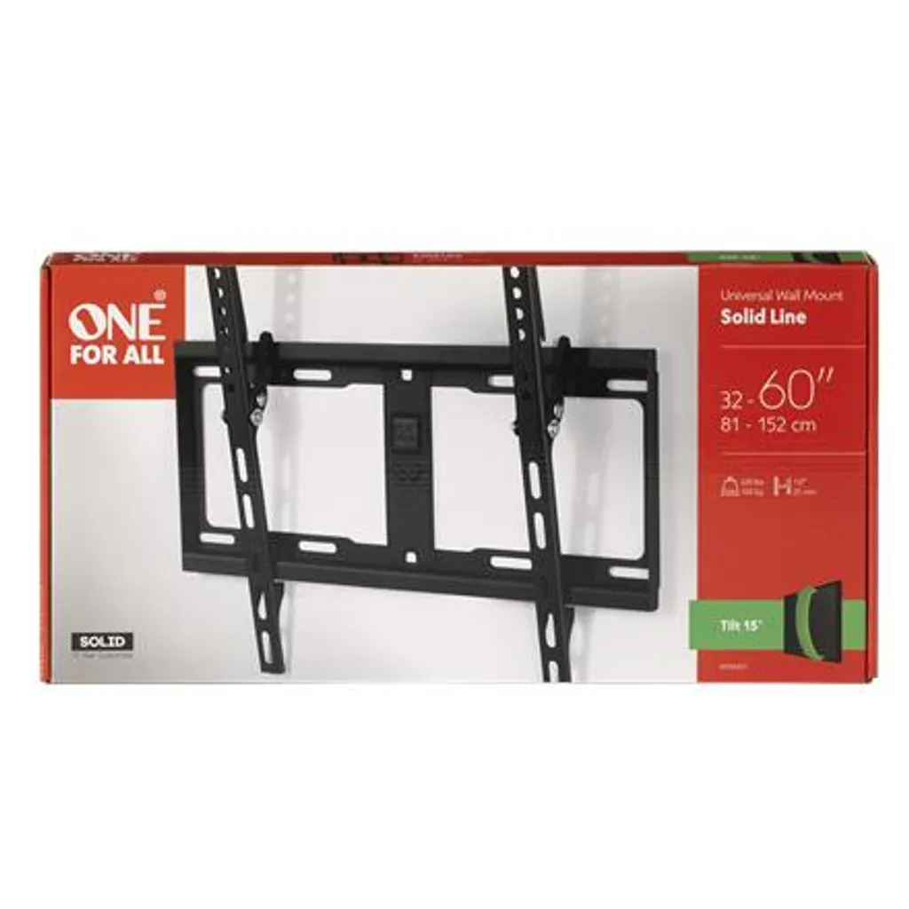 Zwarte tv-wandbeugel voor 32-60 inch schermen, op rode verpakking.