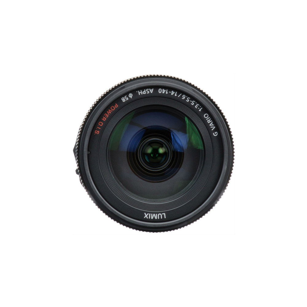 Camera lens met opschrift "Lumix G Vario 1:3.5-5.6/14-140 ASPH. POWER O.I.S."