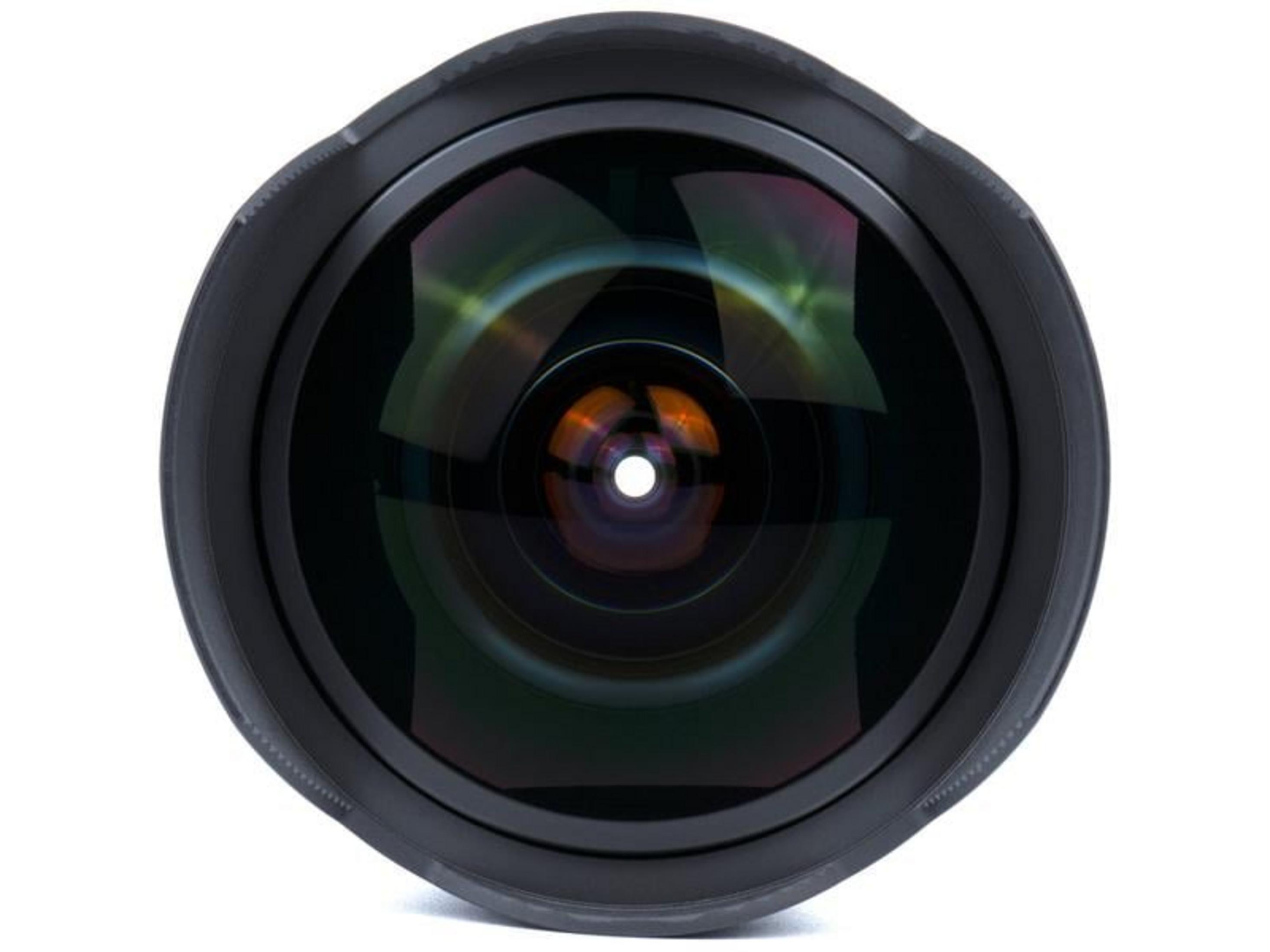 Een fisheye-lens met een zwarte rand en reflecterende glaselementen.