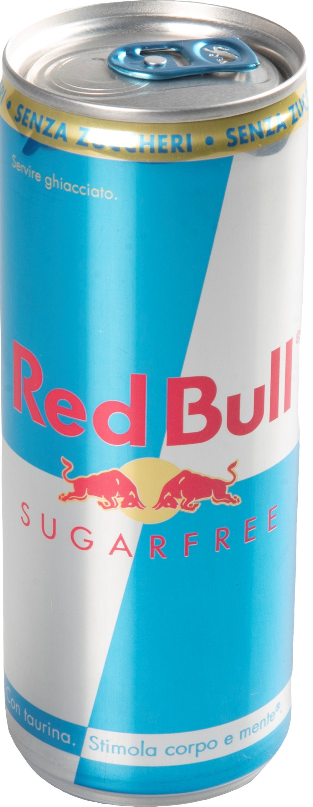 Una lattina Red Bull blu e argento senza zuccheri con due tori rossi e un sole.