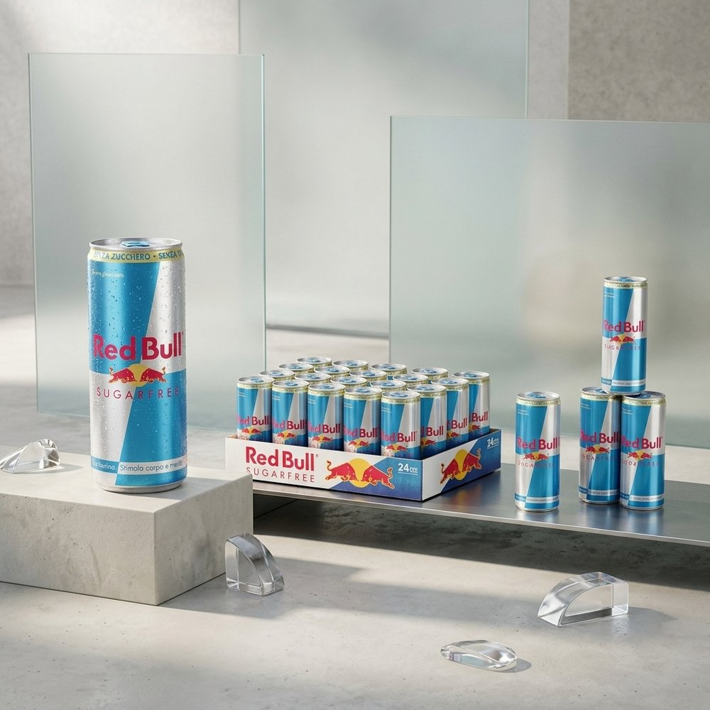 Una singola lattina Red Bull Sugarfree a sinistra, accanto a una cassa da 24 lattine.