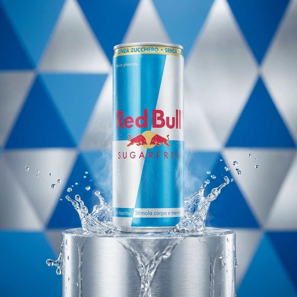 Lattina Red Bull senza zucchero su superficie metallica con schizzi d'acqua e sfondo blu.