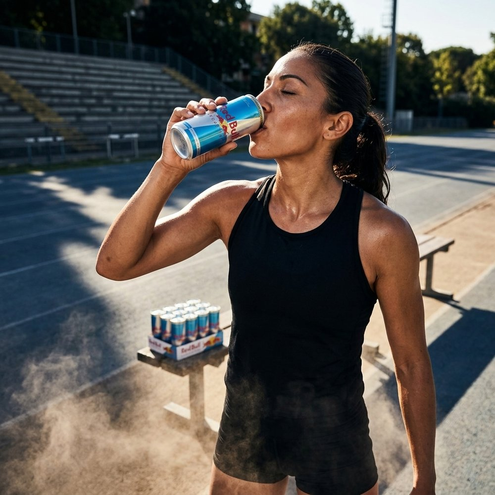 Donna in canotta nera beve Red Bull su una pista con lattine vicine.