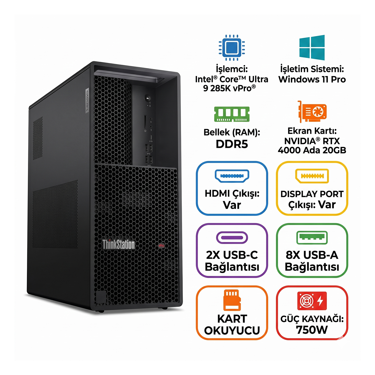 Intel Core Ultra 9, RTX 4000 Ada, DDR5 özellikli siyah Lenovo ThinkStation PC.