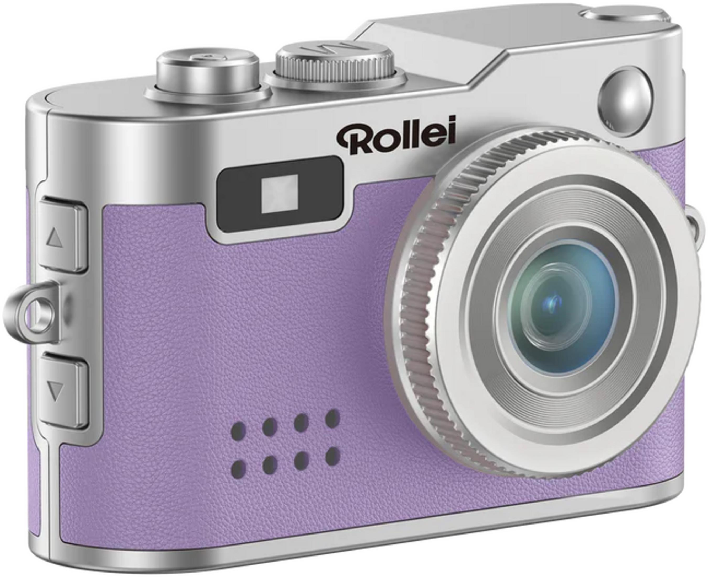 Una fotocamera argentata con accenti viola e obiettivo.