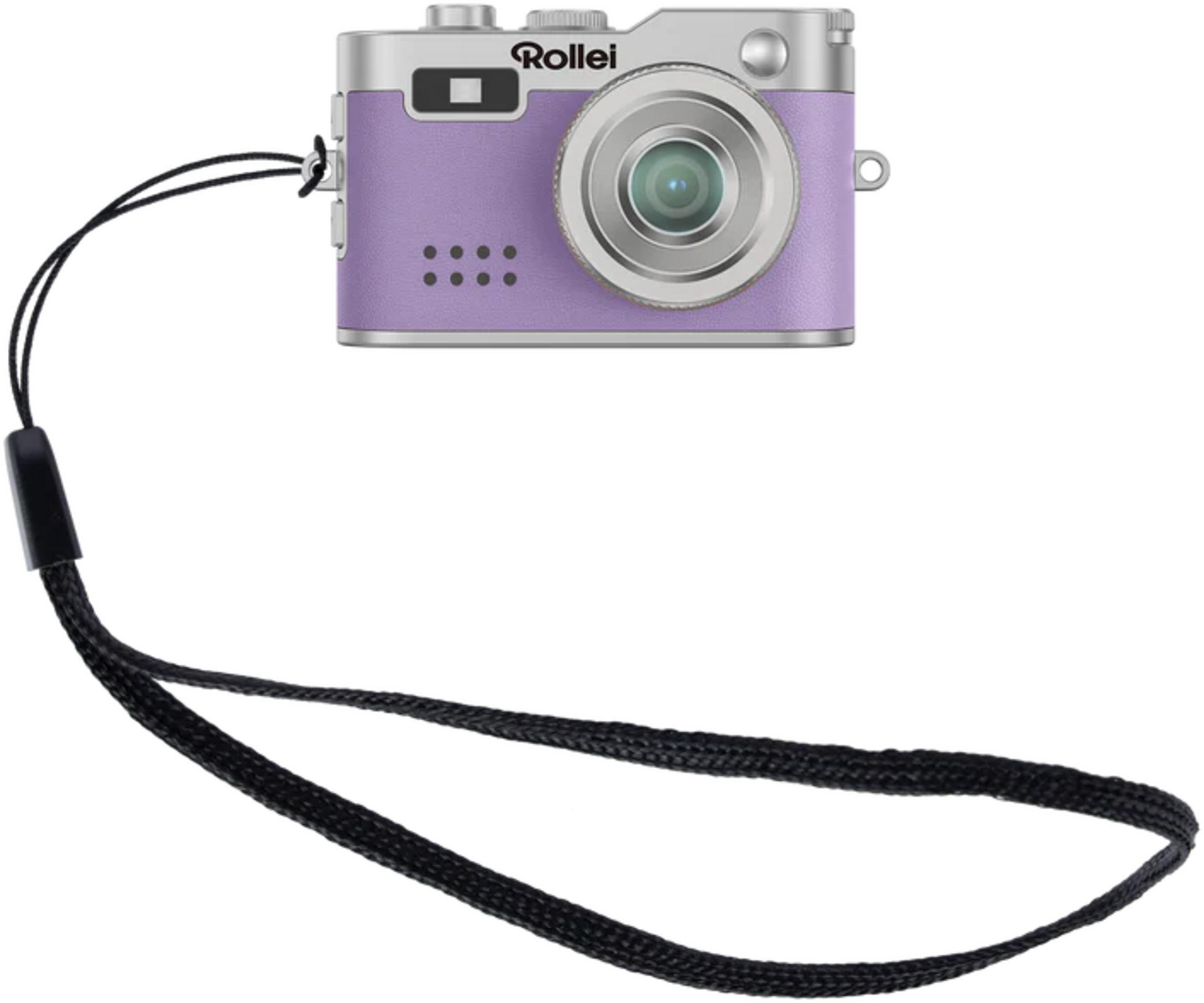 Una fotocamera digitale viola con obiettivo argentato e cinturino nero.
