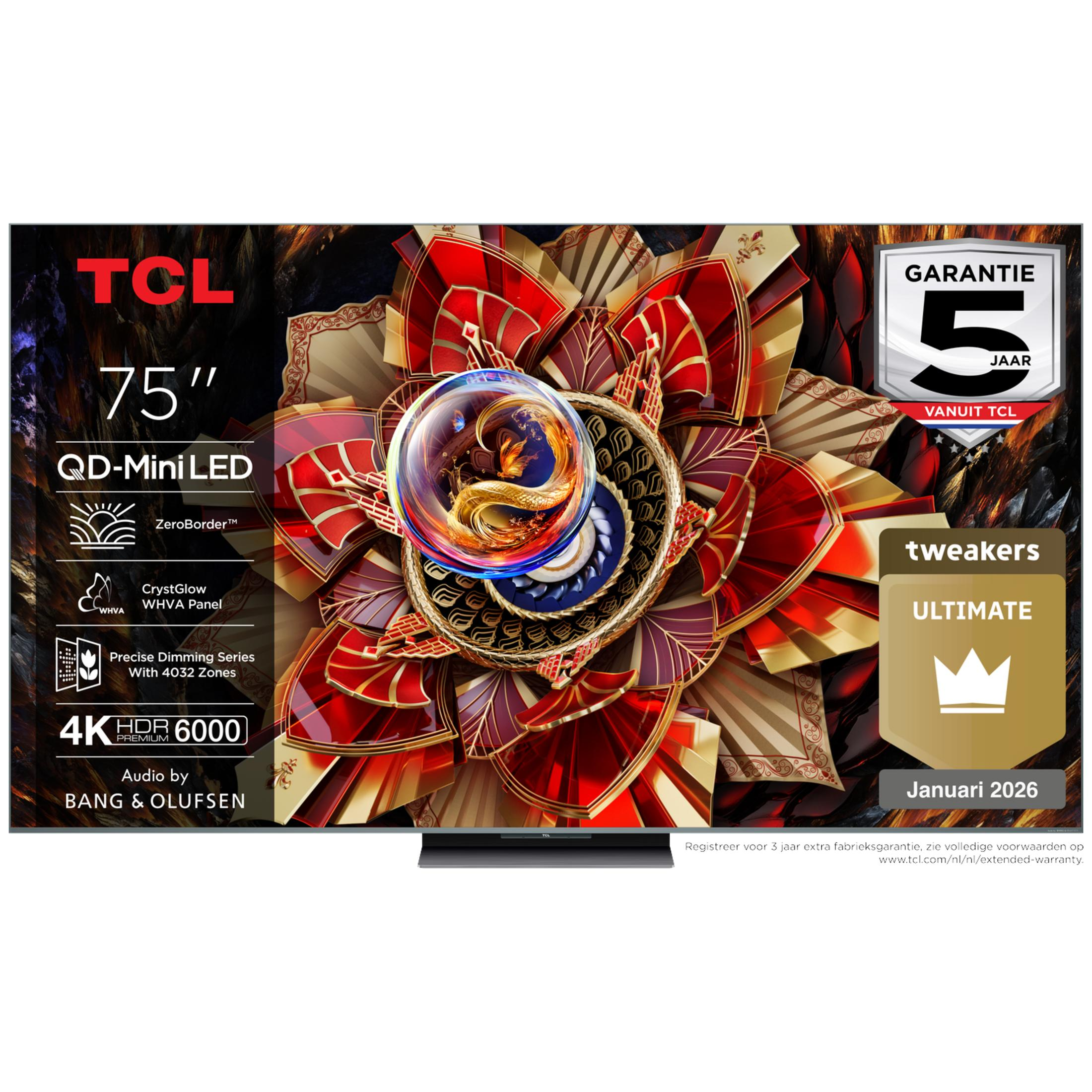 TCL 75" QD-Mini LED TV with 5-year warranty, 4K HDR 6000, Bang & Olufsen audio.