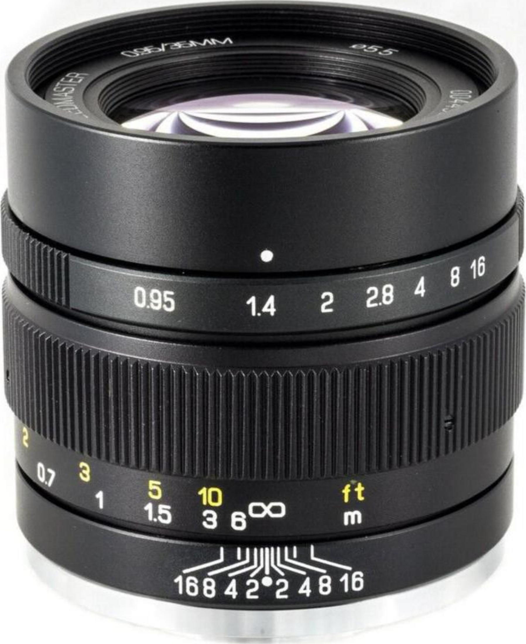 Close-up of a black camera lens with aperture and distance markings.