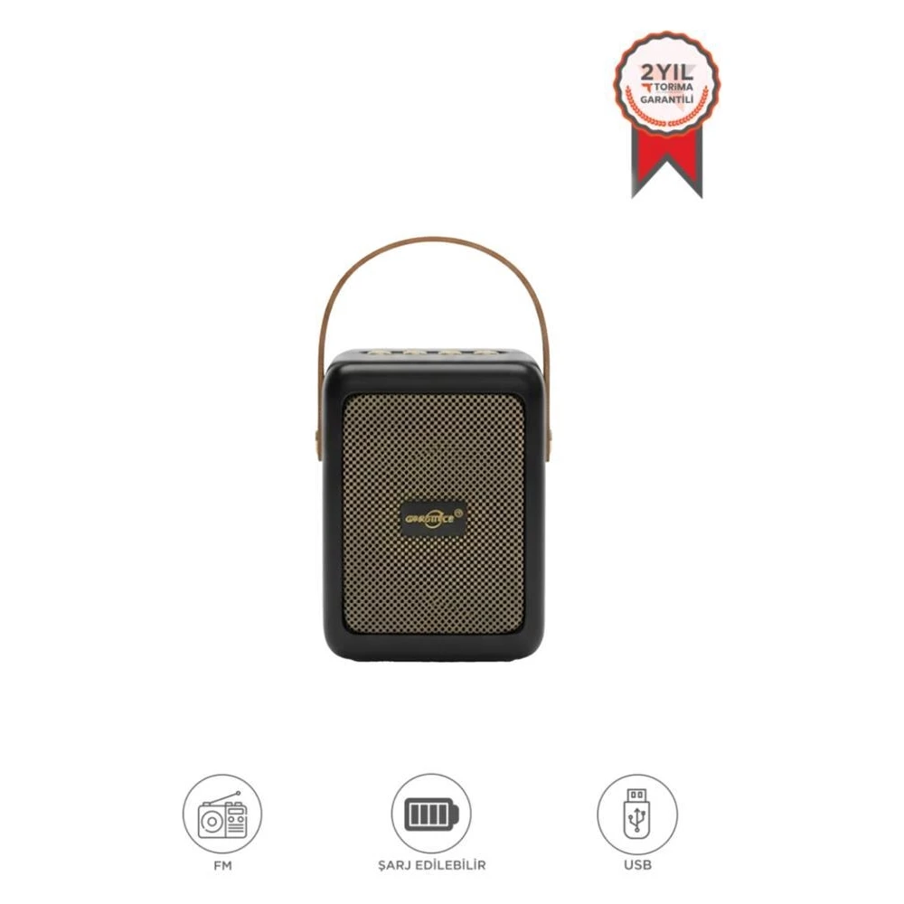 Siyah hoparlör, saplı, altın ızgaralı, garanti mühürlü, FM, şarj, USB ikonlu.