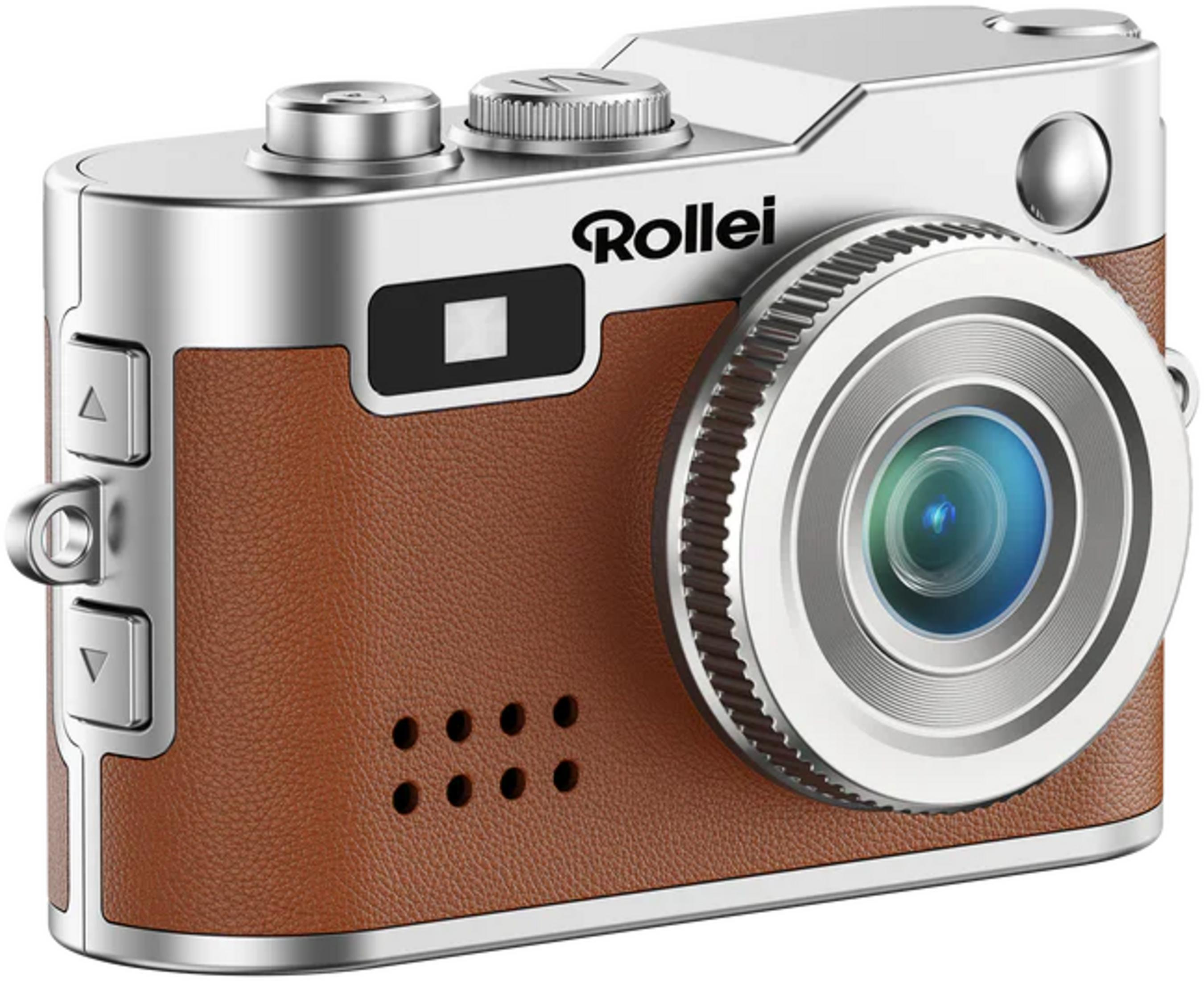 Una fotocamera Rollei argento e marrone con obiettivo e controlli.