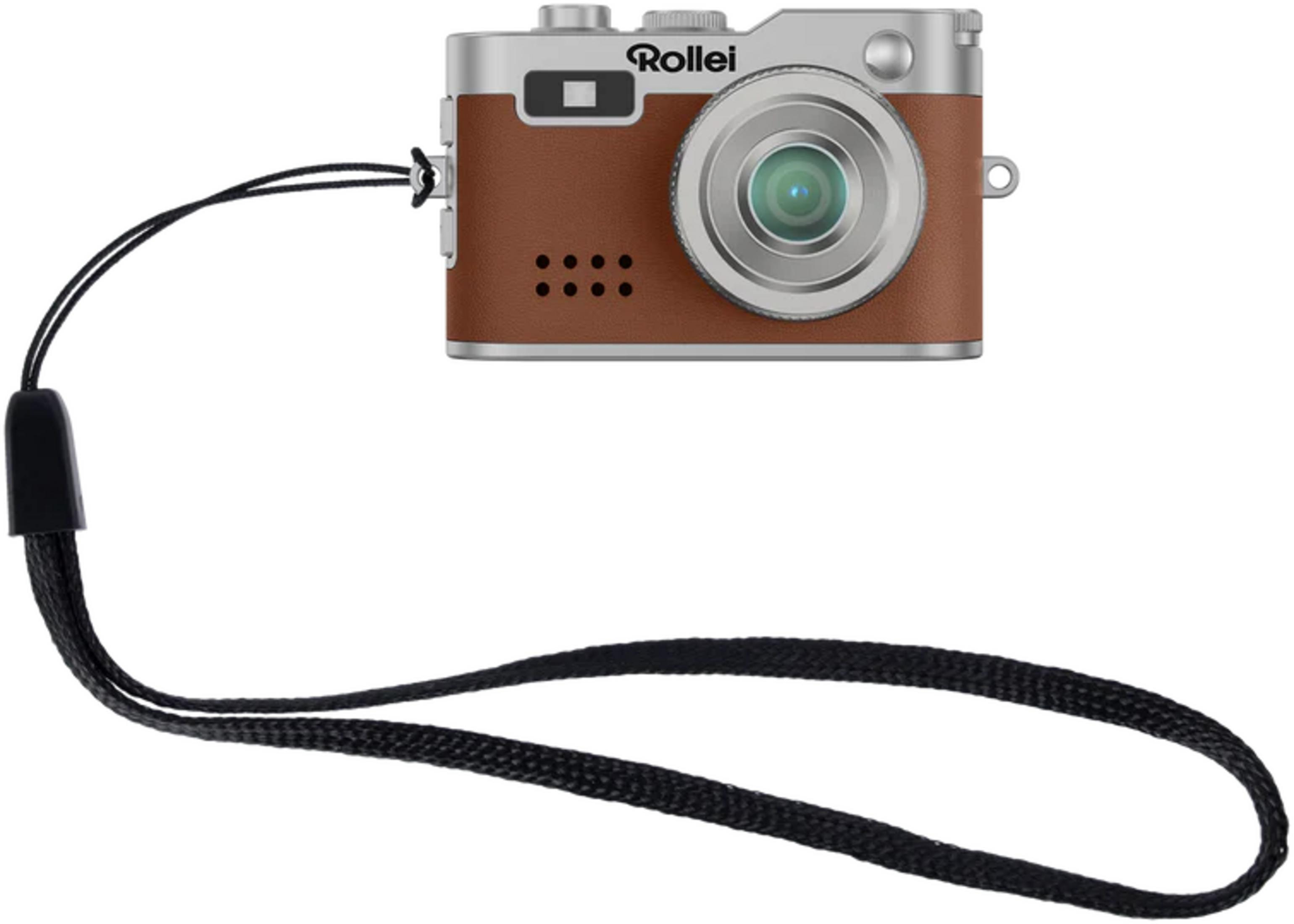 Una fotocamera Rollei marrone e argento con cinturino nero.