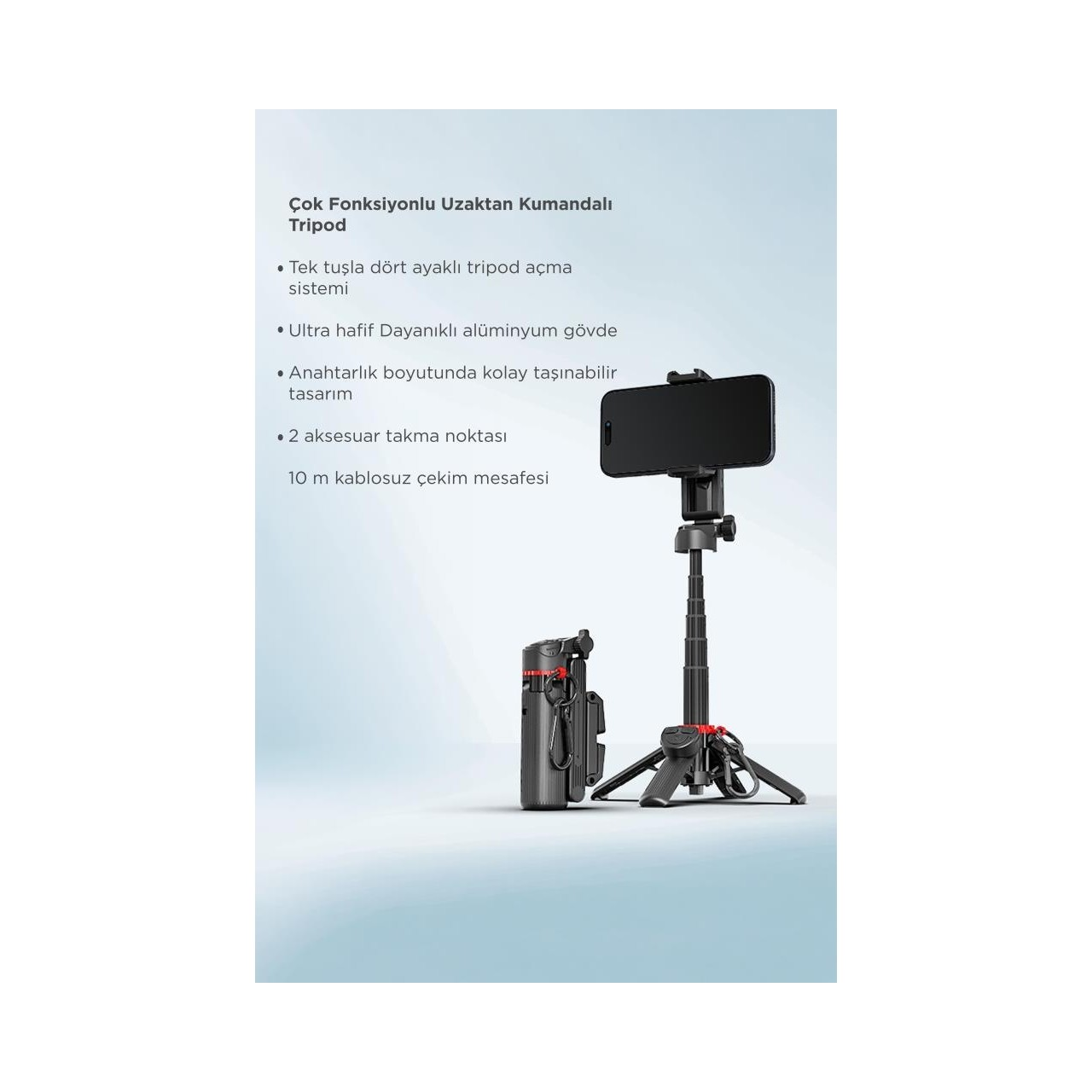Siyah, kompakt tripod telefon tutucu ve uzaktan kumanda ile, katlanmış ve dik duruyor.