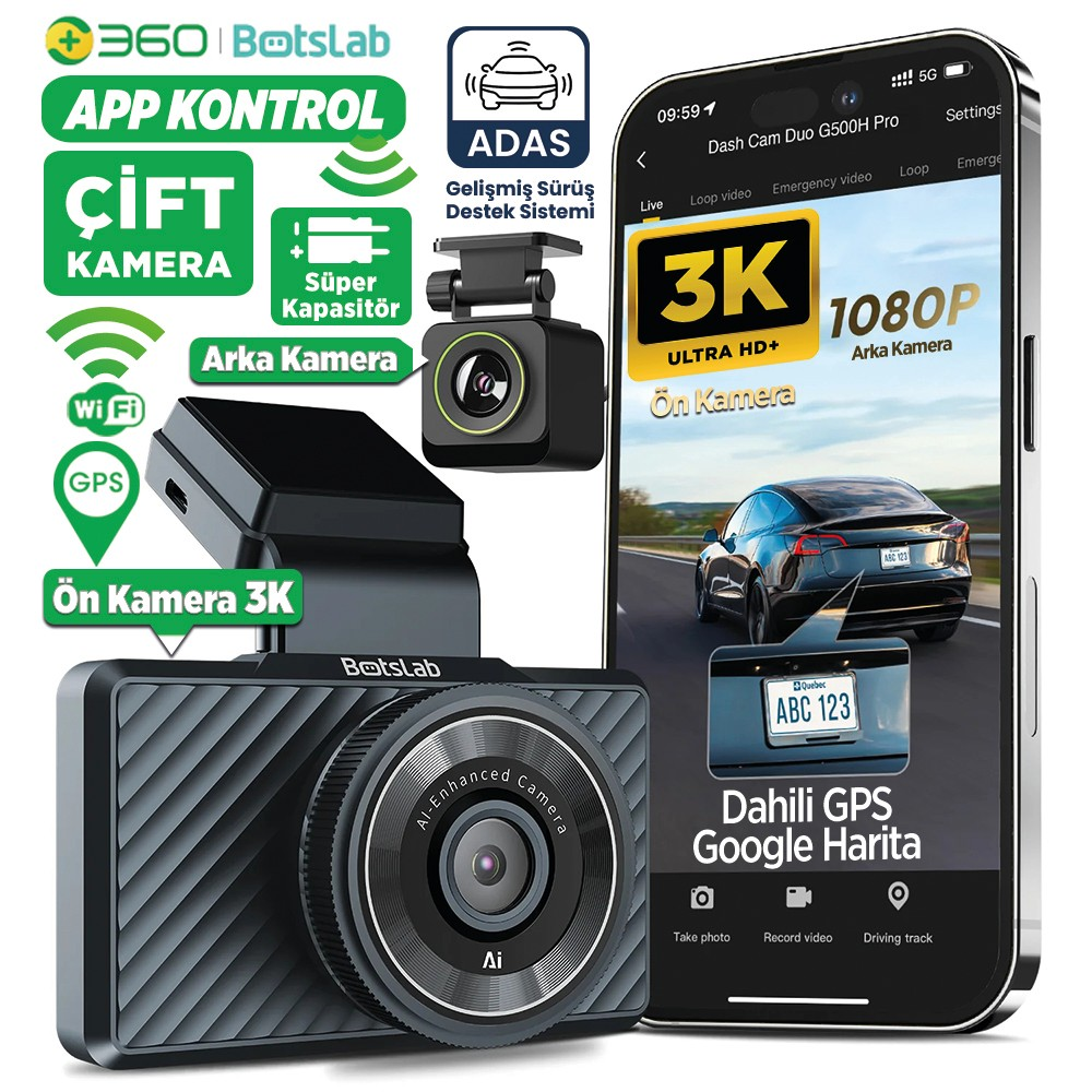 Bir akıllı telefon, 3K ön ve 1080p arka kamera görüntülerini gösteren bir araç kamerası uygulaması görüntüler.