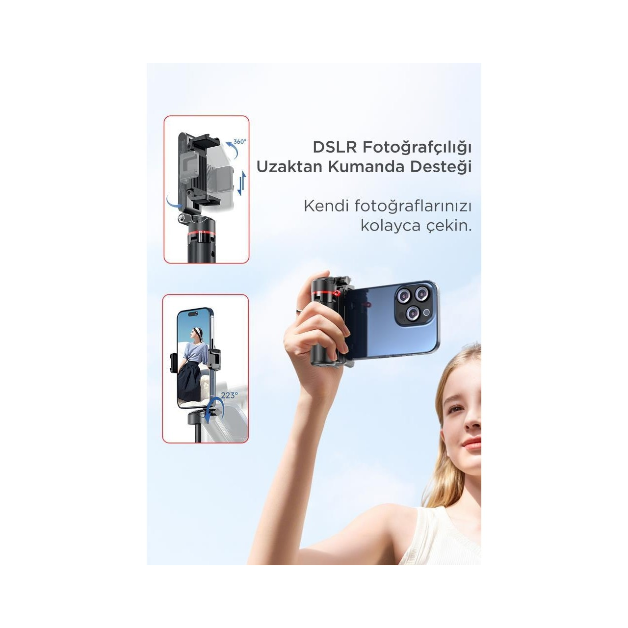Kız, gimbal takılı akıllı telefonu tutuyor. Detay görseller gimbal hareketlerini gösteriyor.