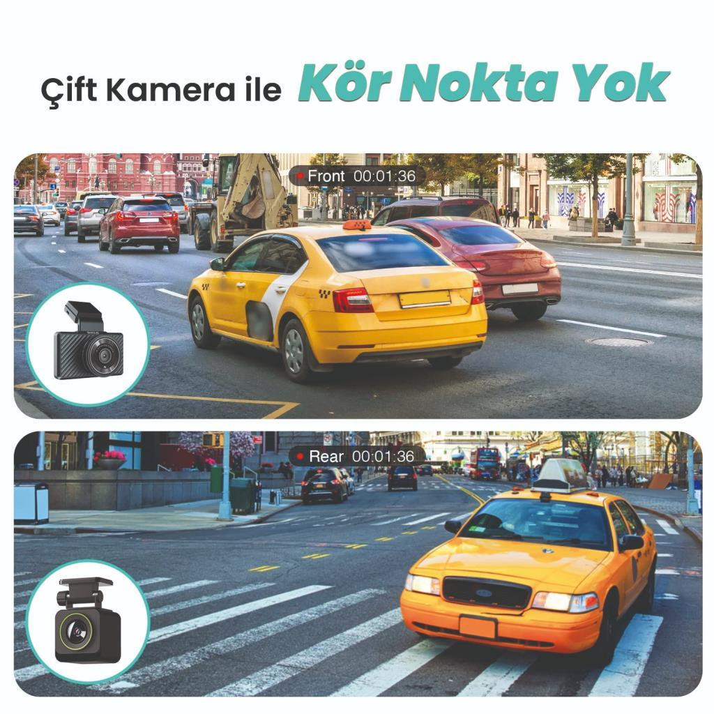 İki araç kamerası sarı taksileri ve sokaktaki trafiği gösteriyor. Ön ve arka görünümler.