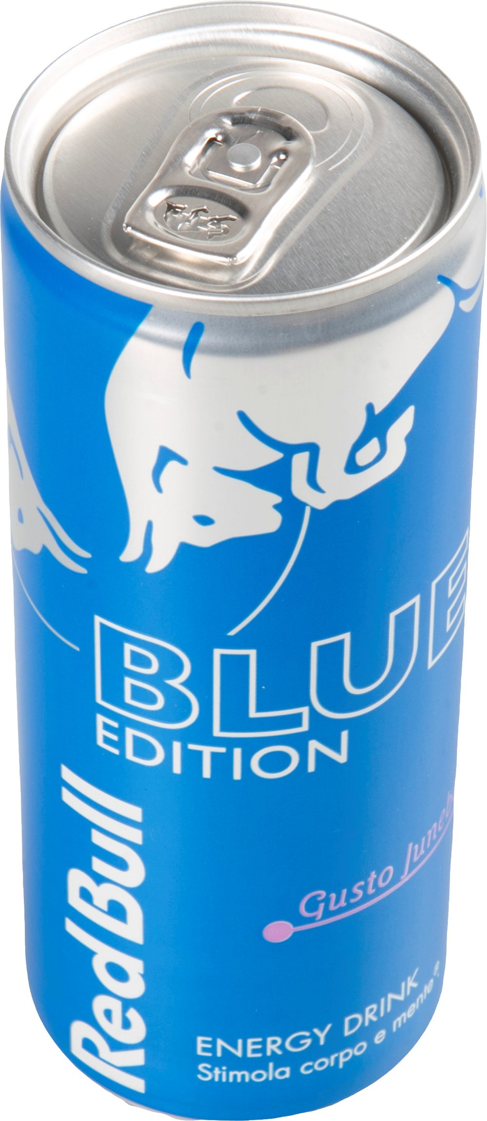Una lattina blu Red Bull con tori bianchi e scritta "Blue Edition".