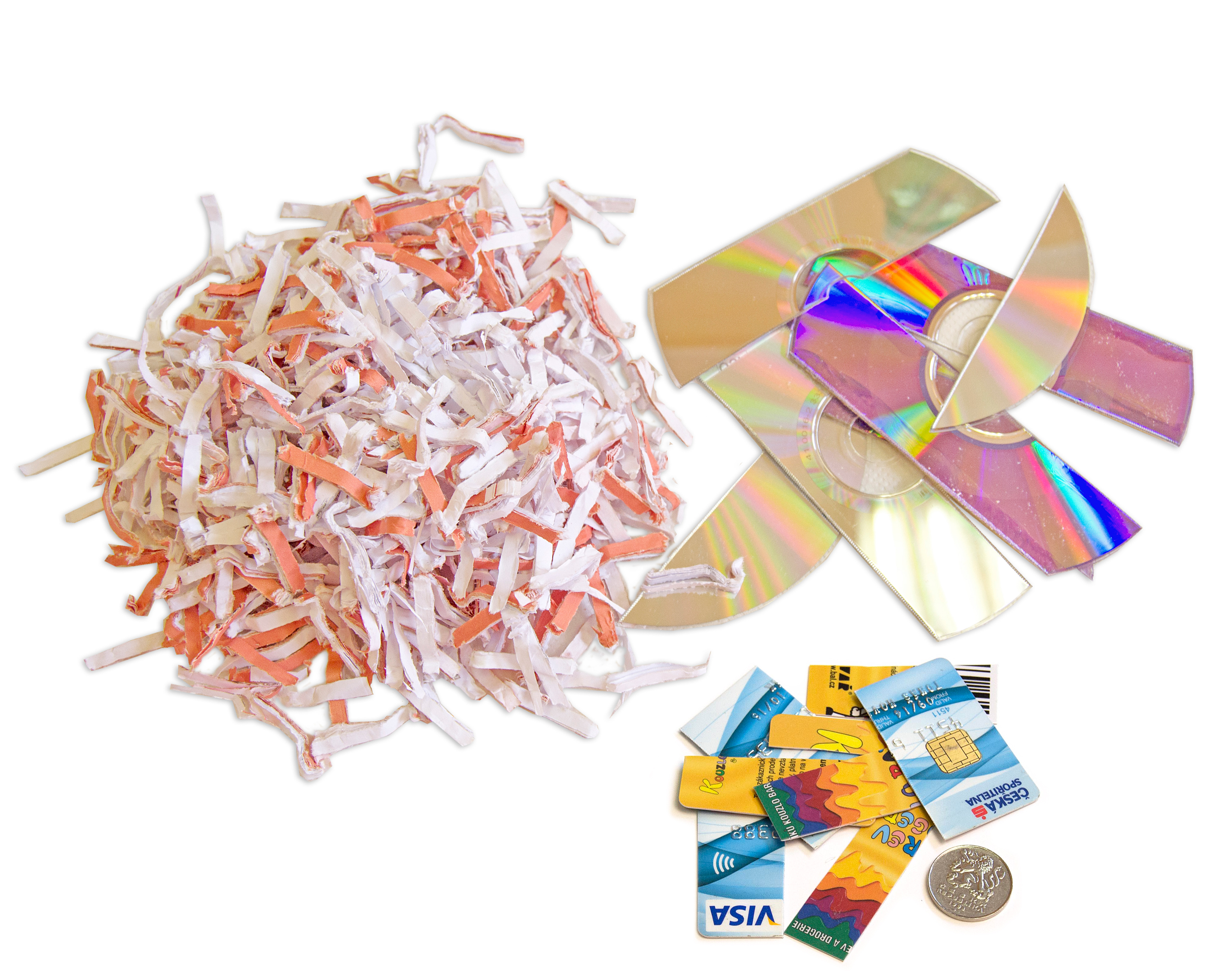 Zermahlene Papiere, zerbrochene CDs, zerschnittene Kreditkarten und eine Münze.