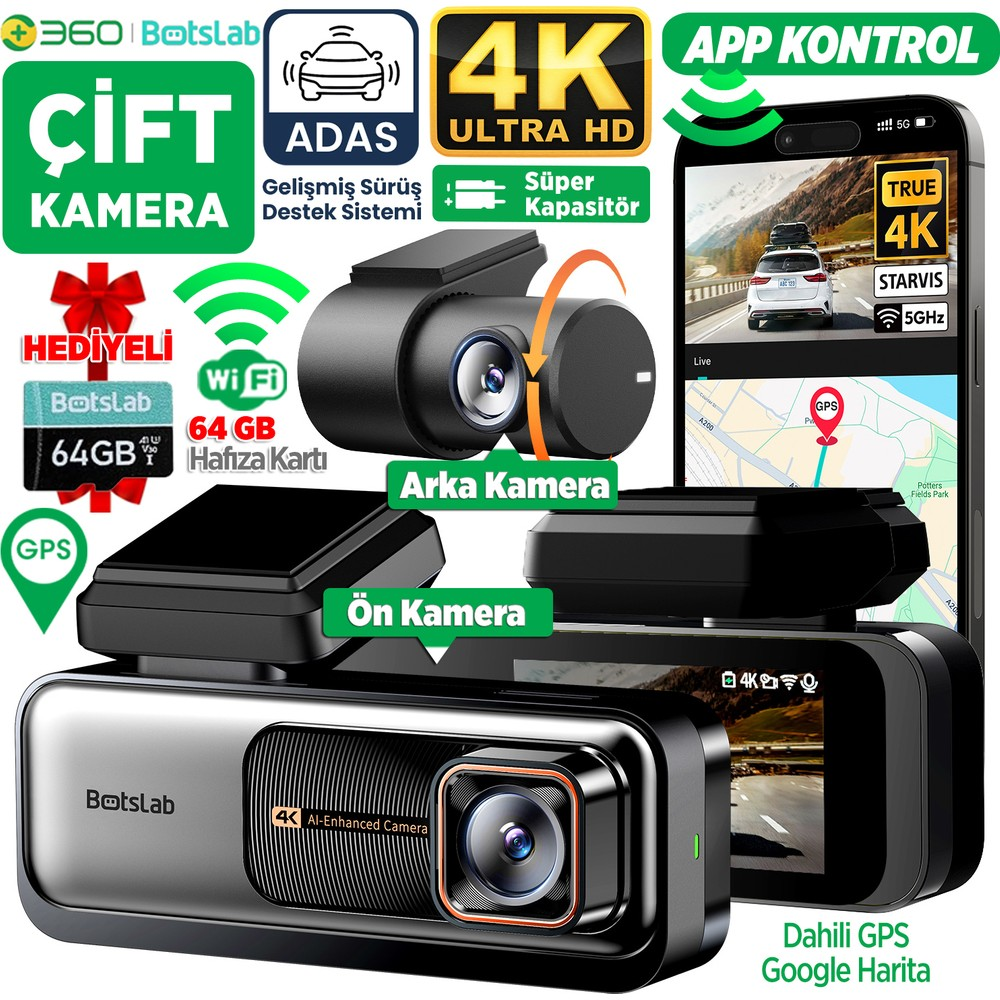4K Ultra HD, ADAS, Wi-Fi, 64GB hafıza kartı ve GPS özellikli çift kamera.
