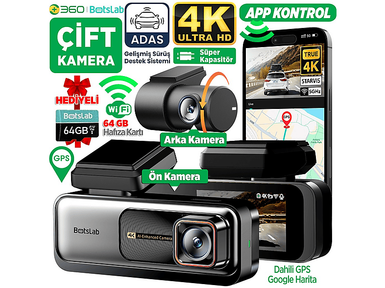 360+ Botslab G980H Pro ADAS 4K UHD Arka 2K QHD 170° Açı Gece Görüşü GPS+WiFi Akıllı Araç İçi Kamera