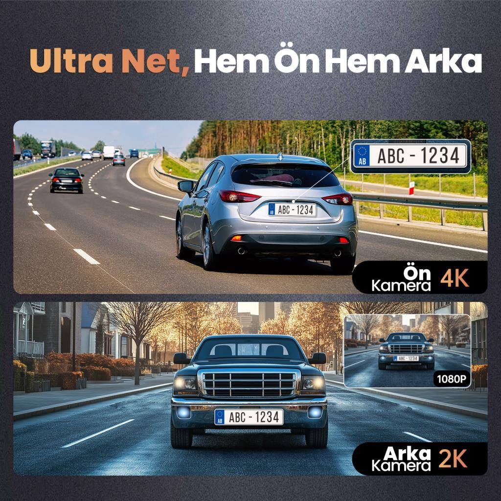 Gümüş araba otoyolda, kamyon şehir caddesinde. Kamera sistemlerini gösterir.