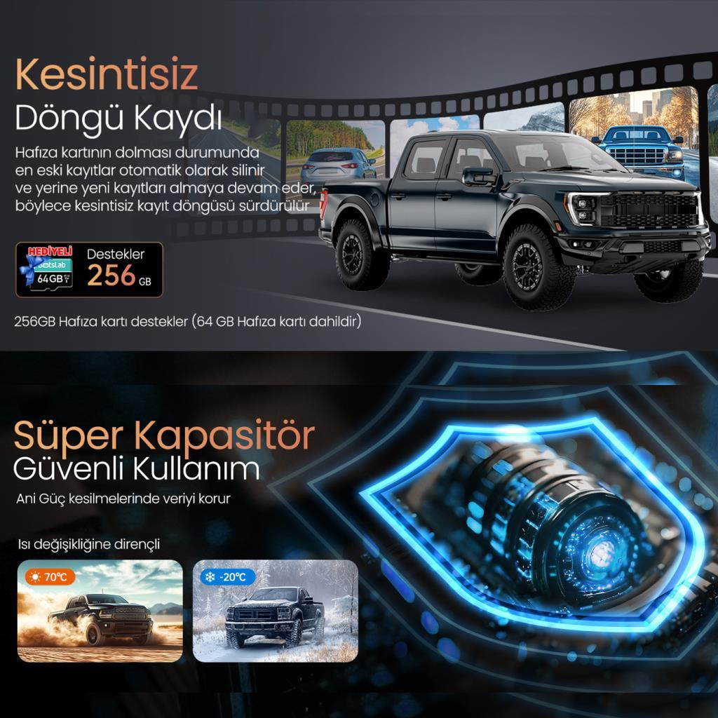 Film şeridi sahnesi önünde koyu renkli bir kamyonet; altta kapasitör sembolü ve aşırı sıcak/soğukta arabalar.