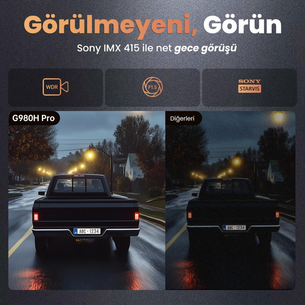 Gece siyah bir pikap, solda WDR, sağda karanlık.