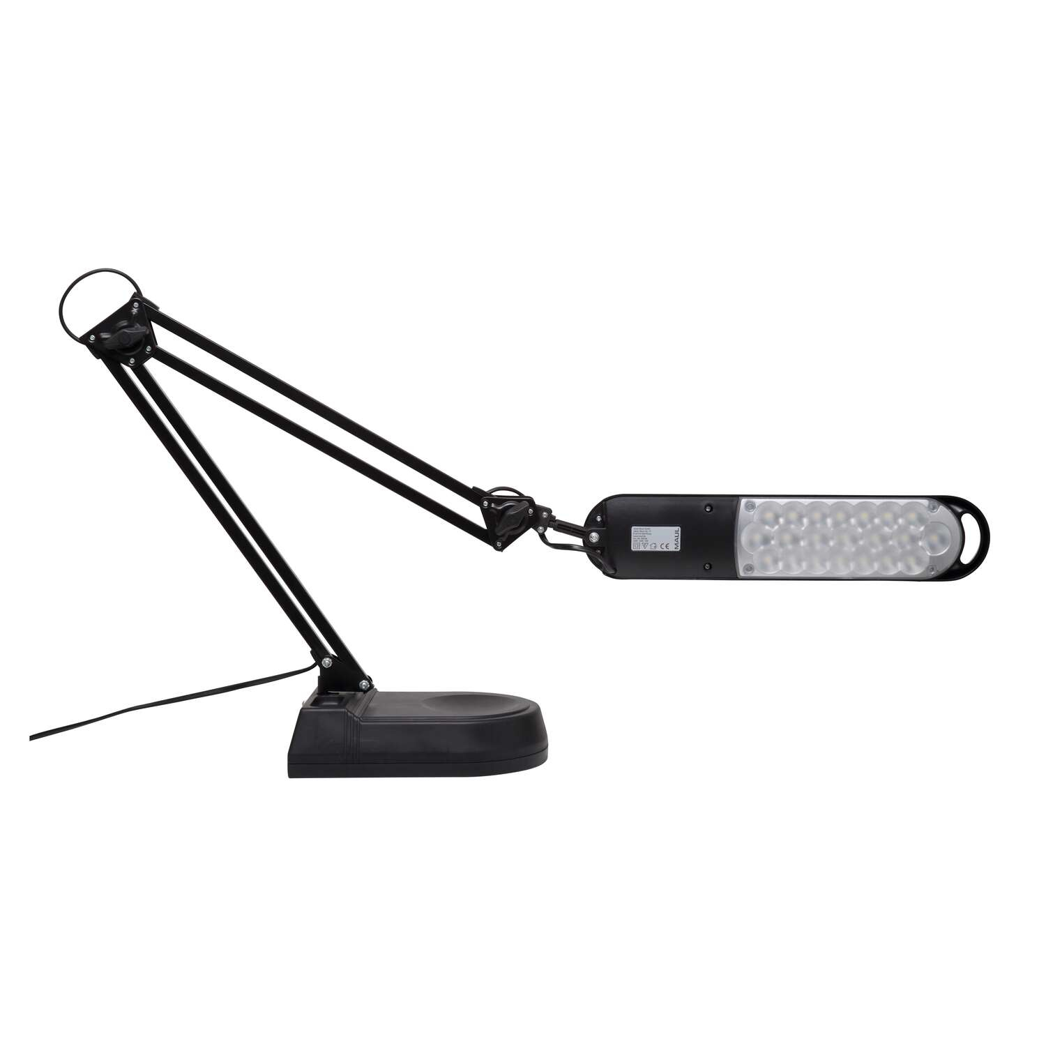 Een zwarte bureaulamp met flexibele arm en LED-lampen op witte achtergrond.