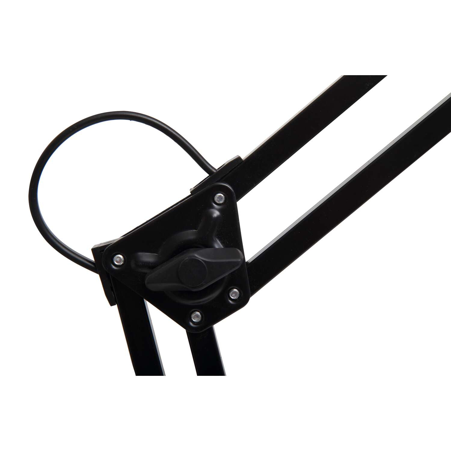 Close-up van een zwart scharnier met schroeven en knop, deel van een beweegbare arm.