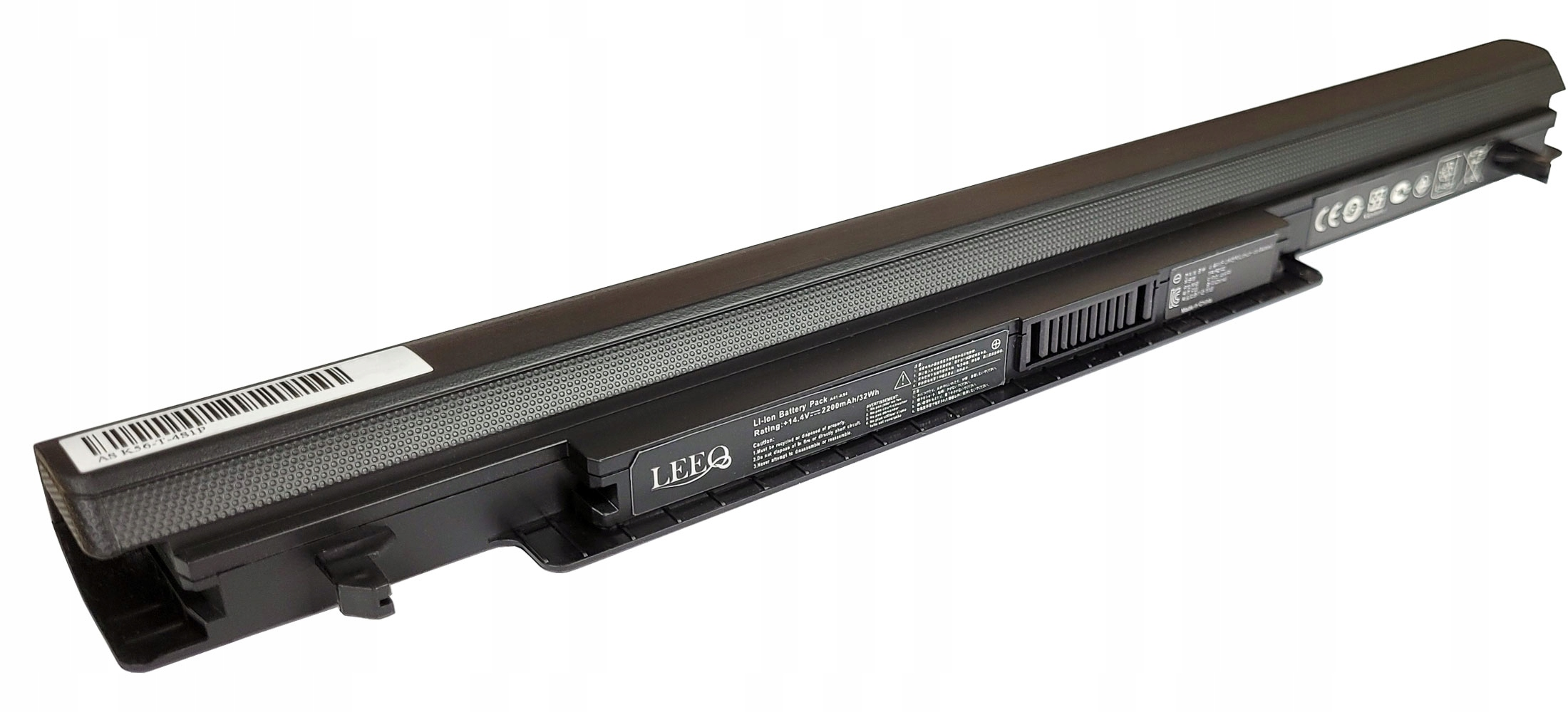 Czarna bateria do laptopa LEEQ z etykietą AS K56-T-451P i kodem kreskowym.