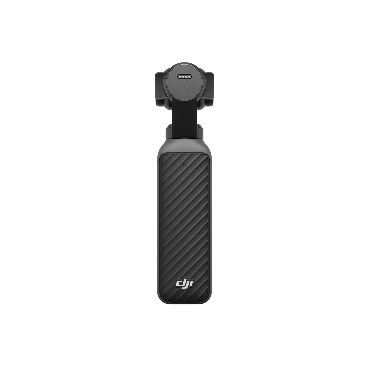 Cámara gimbal DJI Osmo Pocket negra con agarre texturizado e indicador de batería.