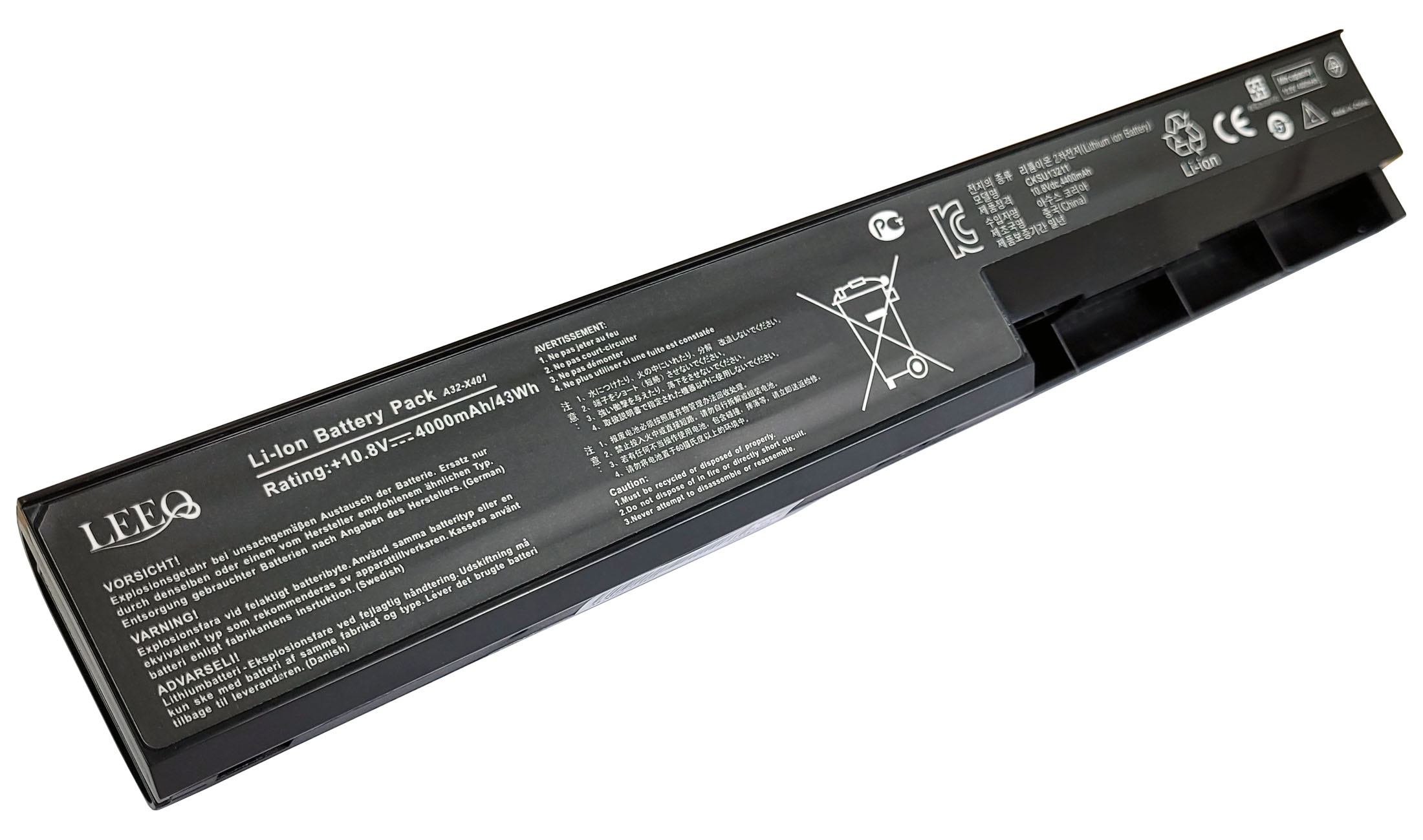 Bateria Li-Ion A32-X401, 10.8V, 4000mAh, logo LEEQ, symbole ostrzegawcze.