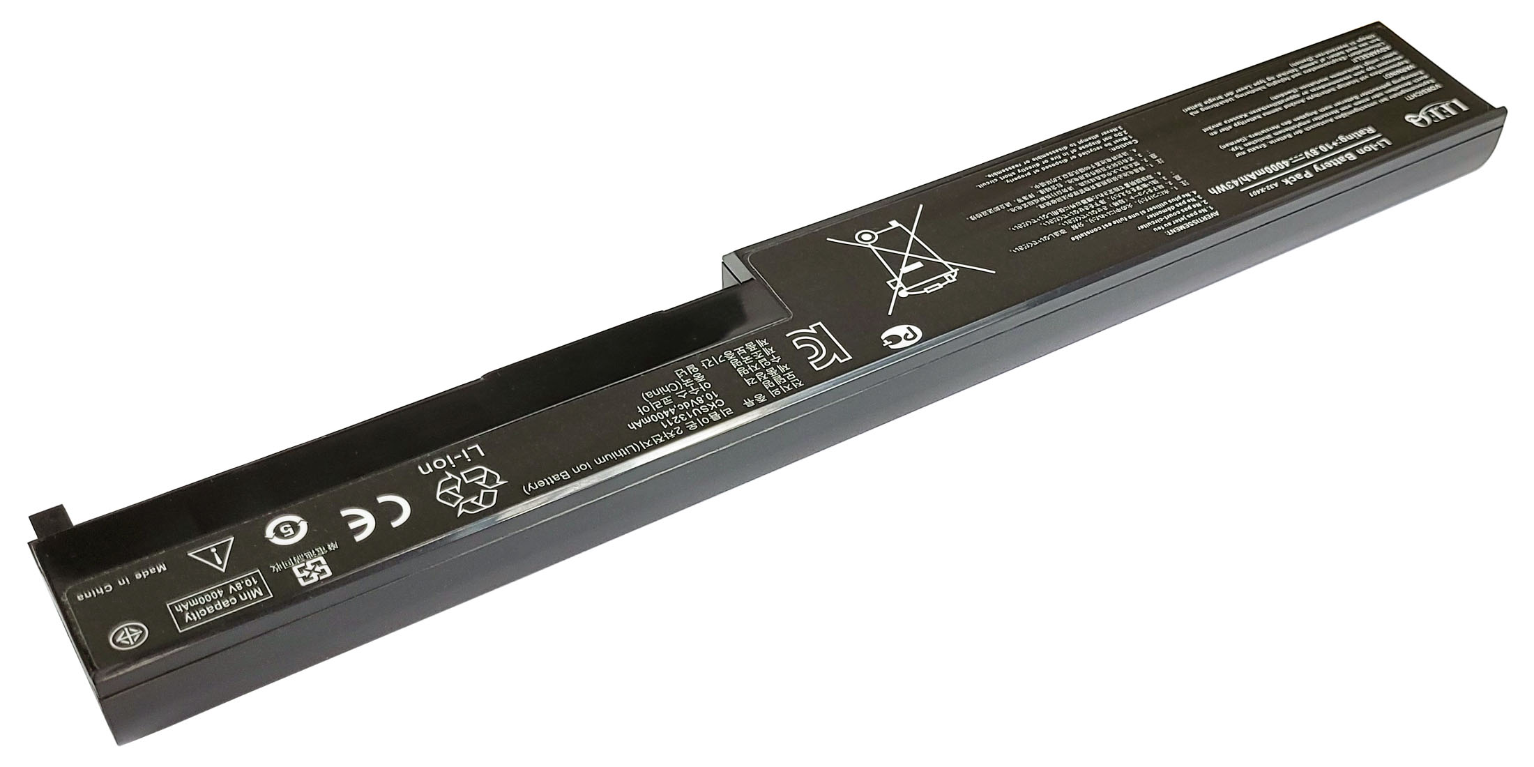 Czarny akumulator Li-ion, 10.8V 4000mAh, z symbolami ostrzegawczymi i certyfikatami.