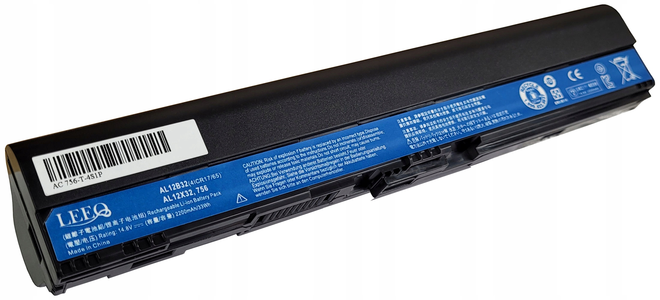 Czarna bateria litowo-jonowa do laptopa, model AL12X32, 14.8V, z etykietami.