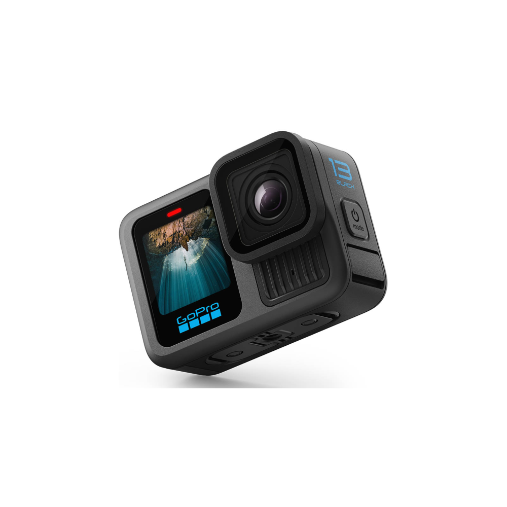 Black GoPro 13 Black camera with a screen showing a waterfall in a cave.