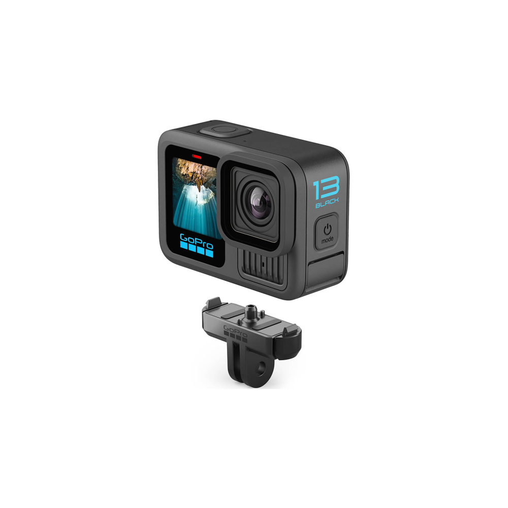 Zwarte GoPro camera met accessoirehouder op witte achtergrond.