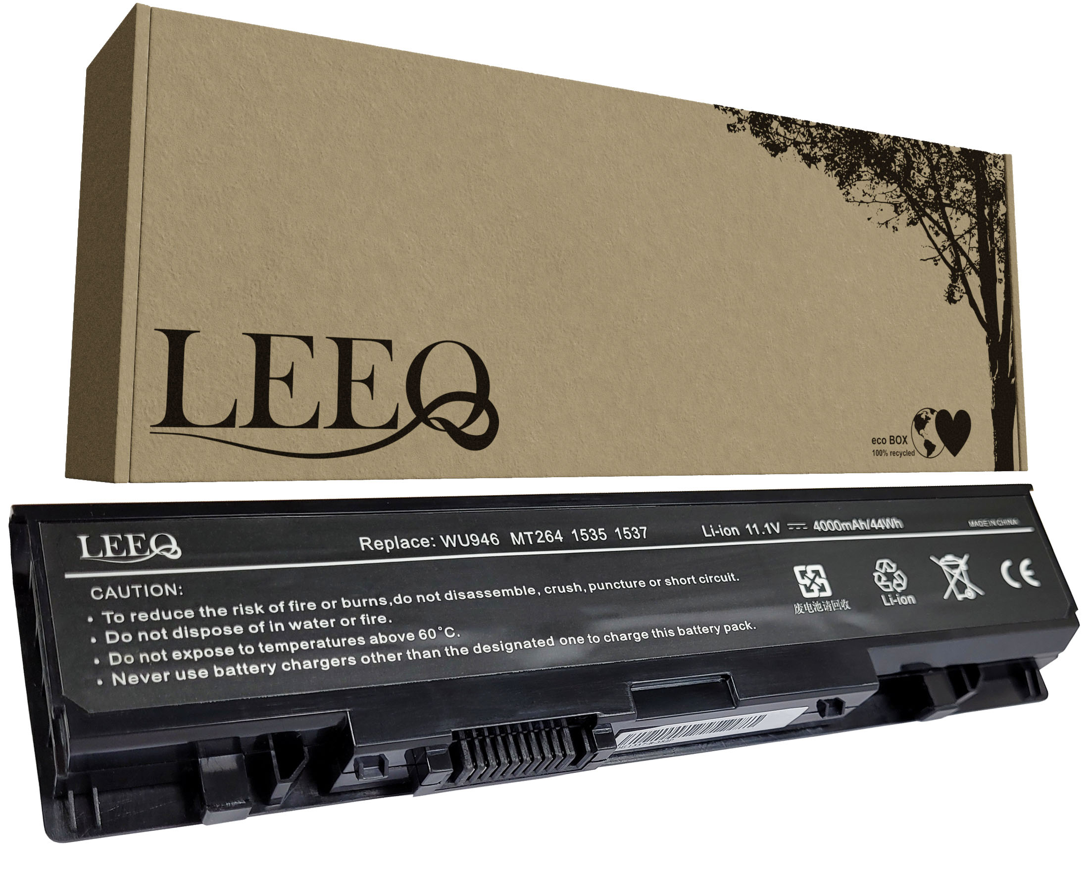 Bateria do laptopa LEEQ i kartonowe pudełko z logo LEEQ i motywem drzewa.