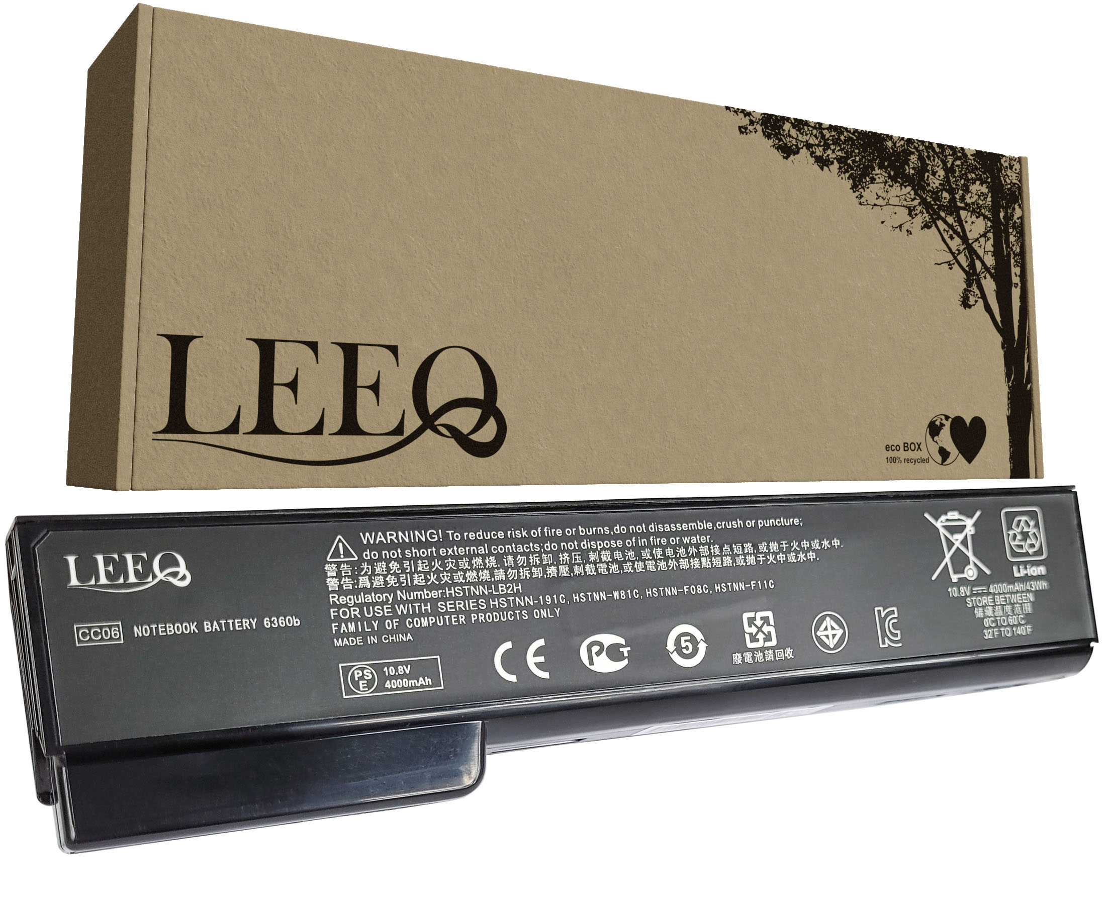 Bateria do laptopa z ostrzeżeniami i oznaczeniami leży przed kartonowym pudełkiem z logo LEEQ.