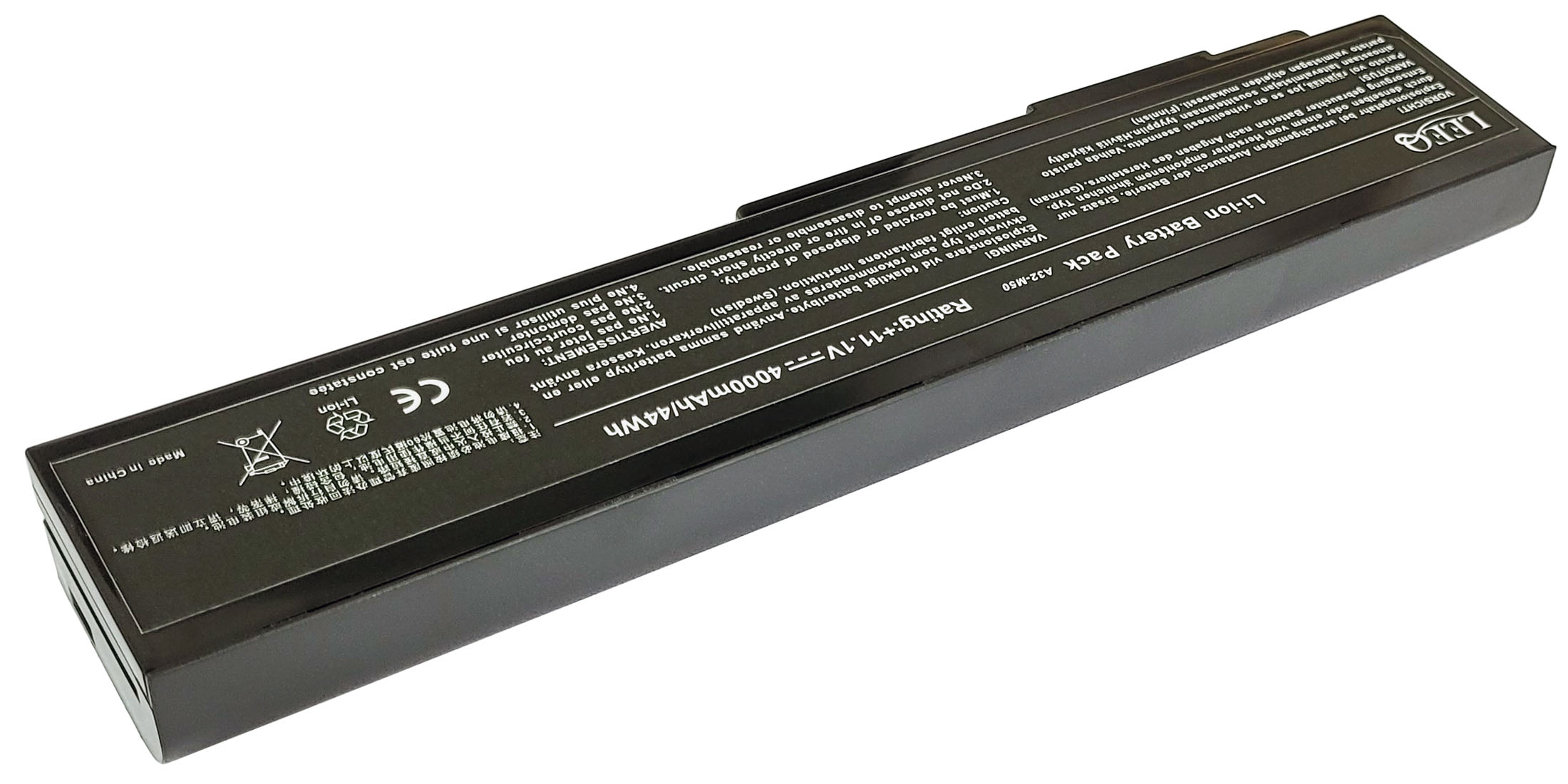 Czarna bateria Li-ion z ostrzeżeniami i znakiem CE. 11.1V, 4000mAh.